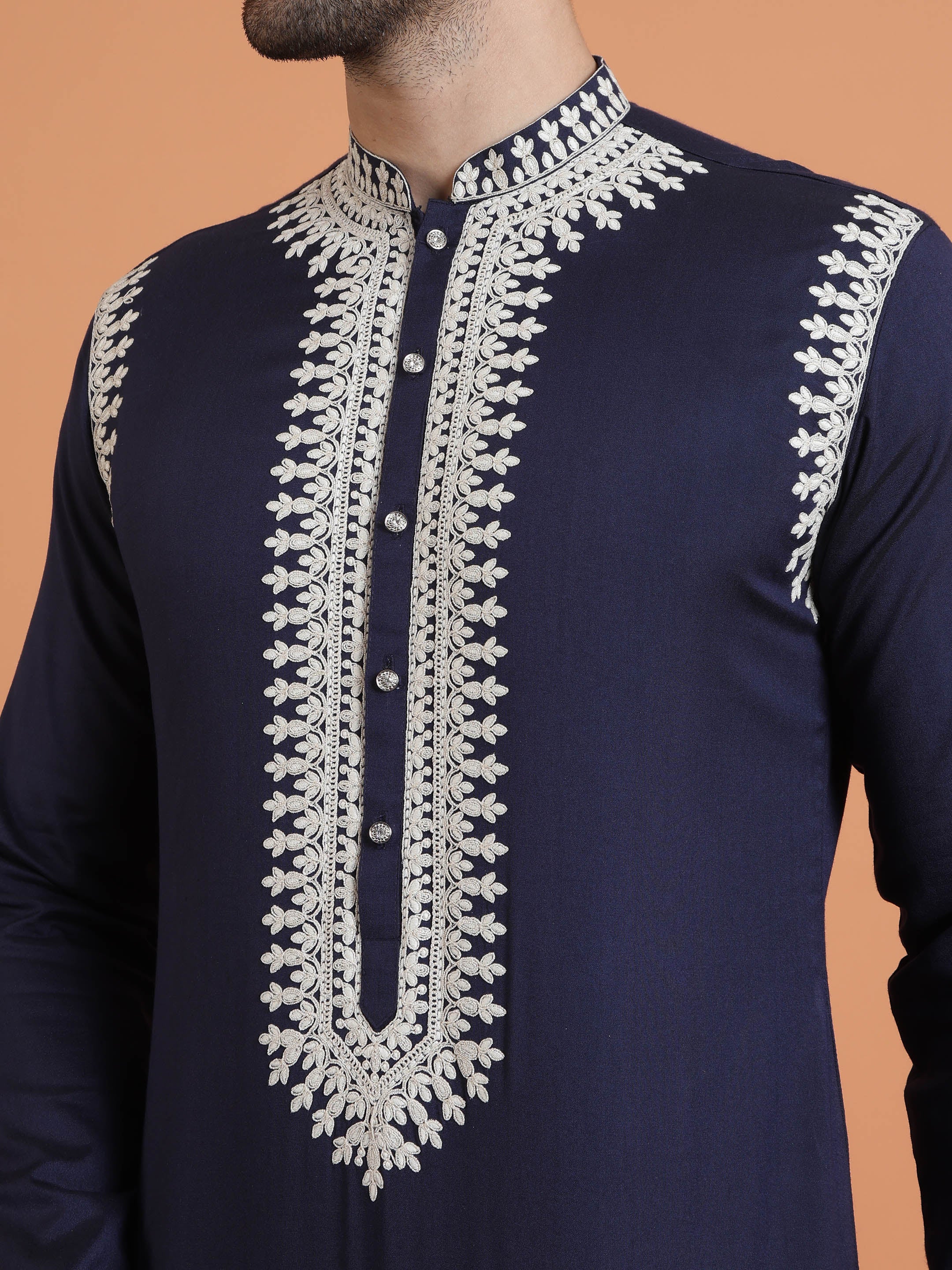 Navy Blue Embroidered Kurta with White Patiyala Set - Image 4