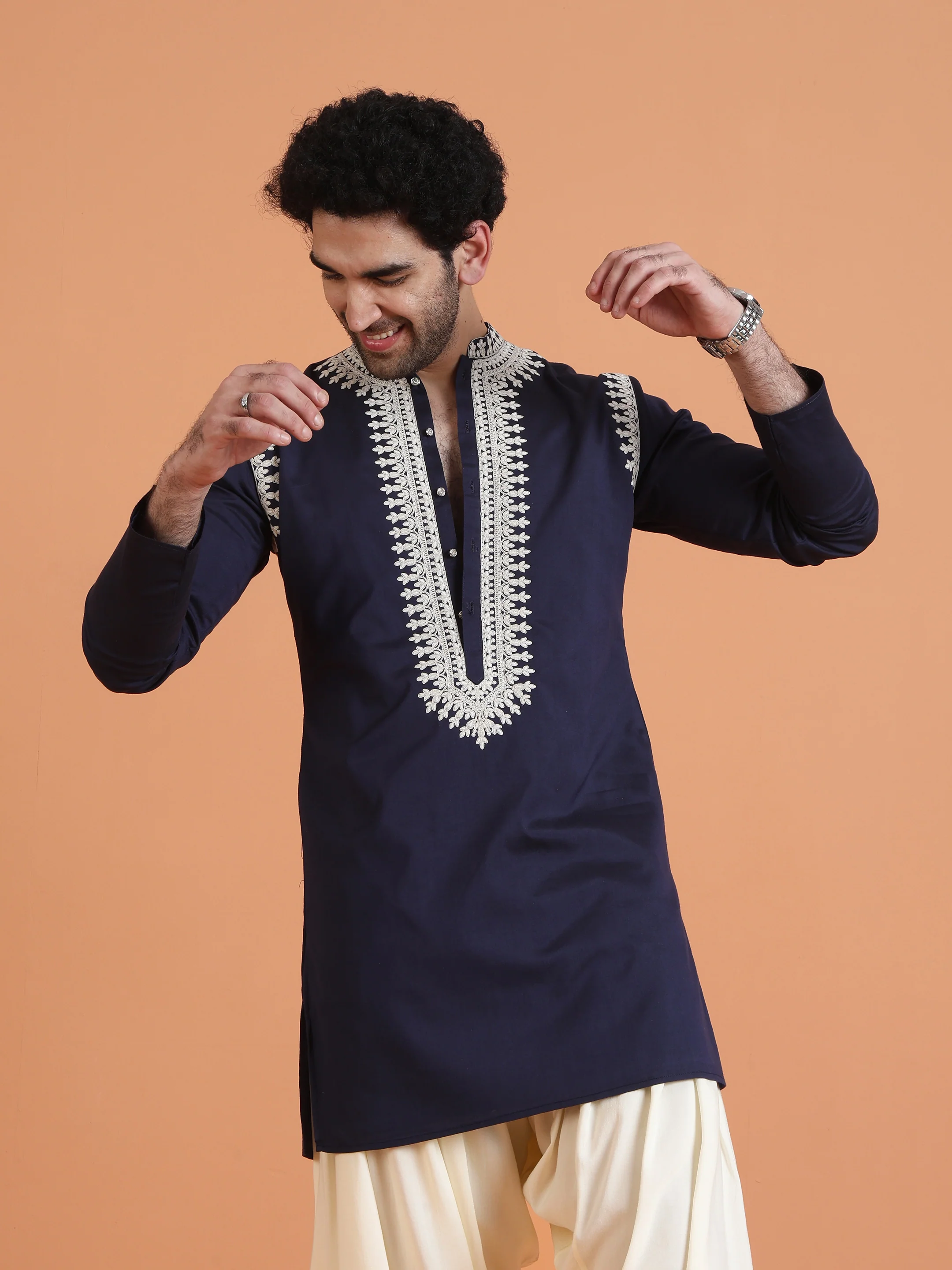 Navy Blue Embroidered Kurta with White Patiyala Set - Image 6