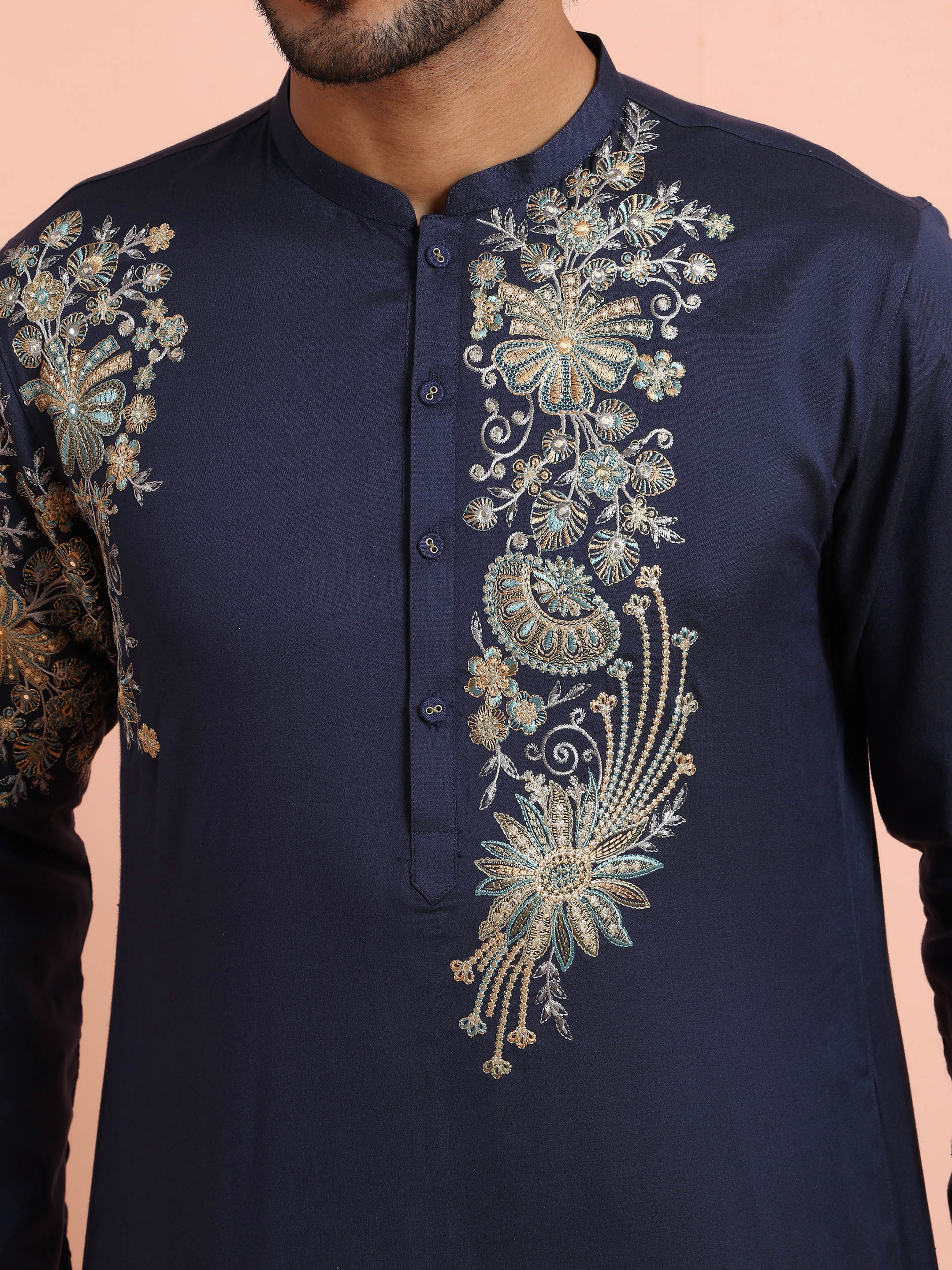 Navy Blue Floral Embroidered Kurta Trouser Set - Image 5
