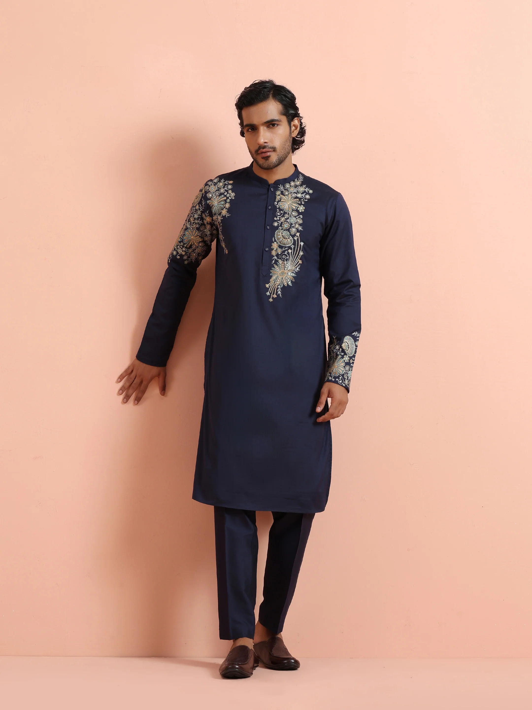 Navy Blue Floral Embroidered Kurta Trouser Set - Image 7