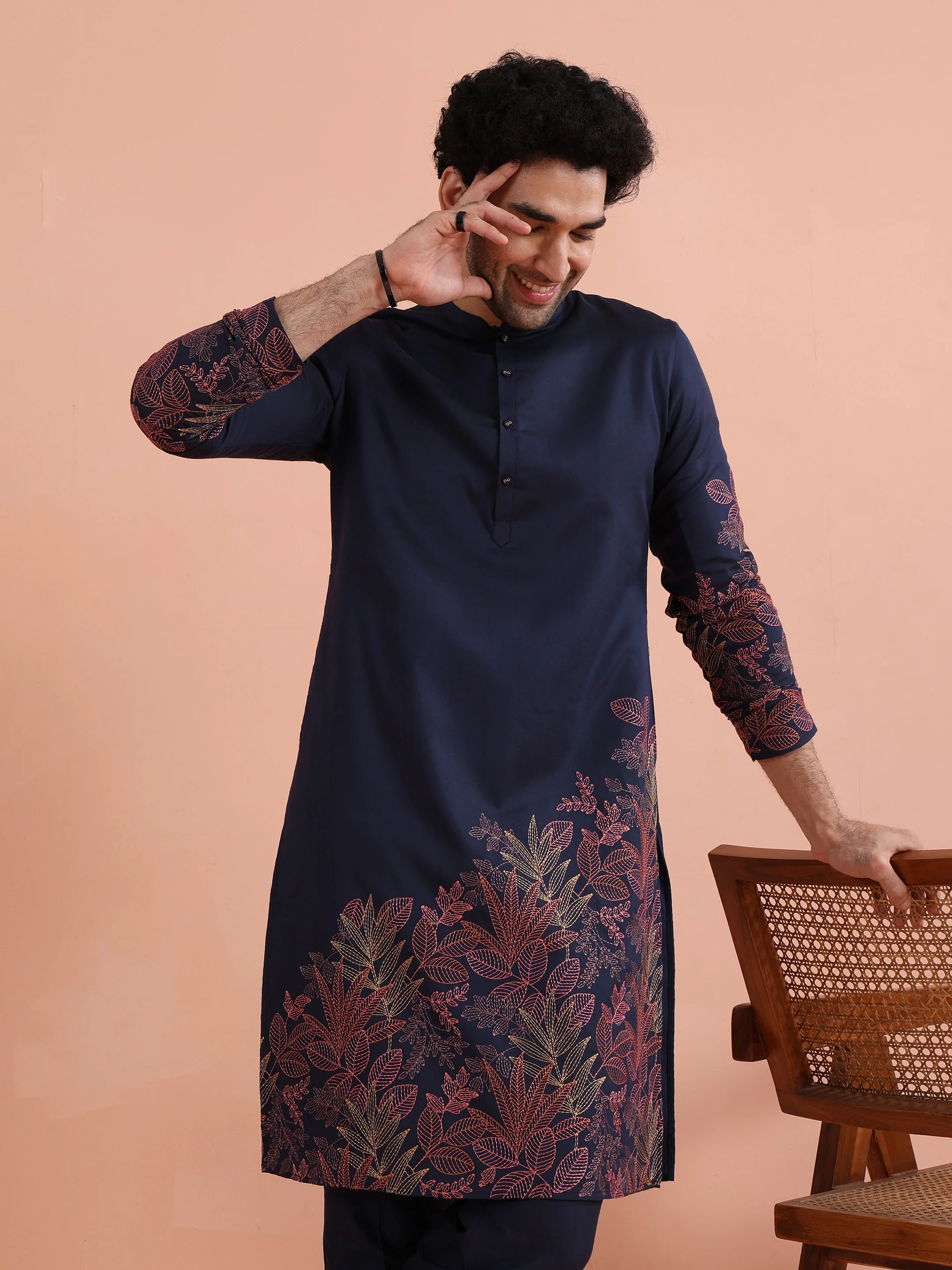 Navy Blue Floral Embroidered Kurta Trouser Set - Image 10