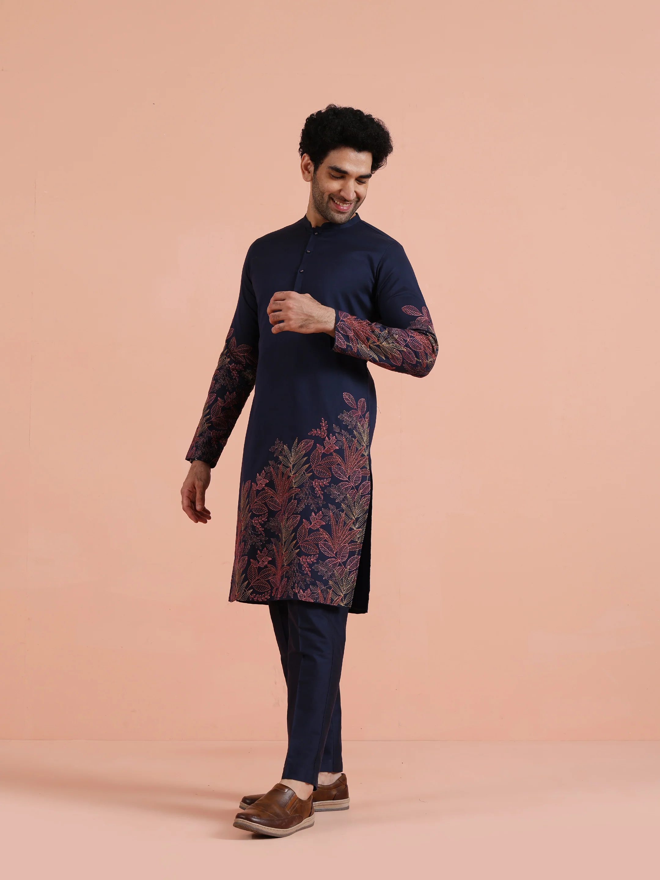 Navy Blue Floral Embroidered Kurta Trouser Set - Image 2