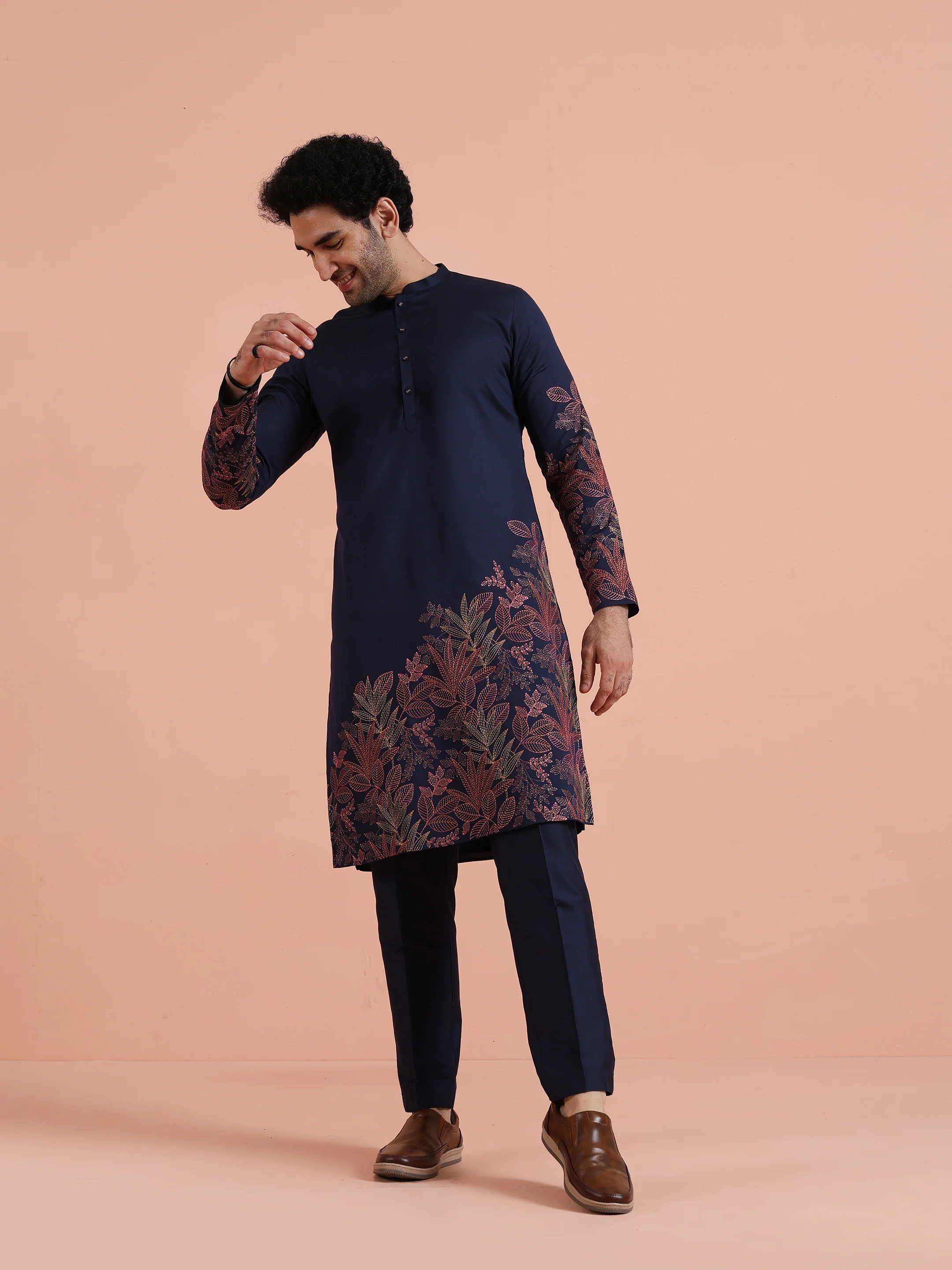 Navy Blue Floral Embroidered Kurta Trouser Set - Image 8