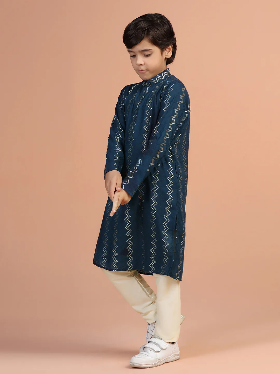 Navy Blue Jacquard Kids Kurta Set - Image 2