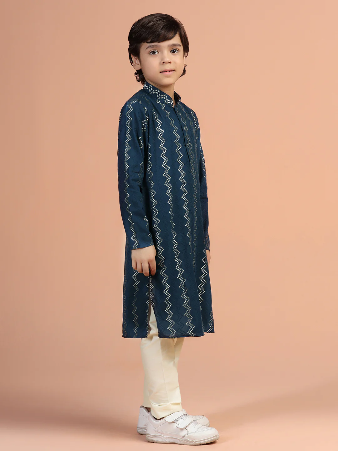 Navy Blue Jacquard Kids Kurta Set - Image 3