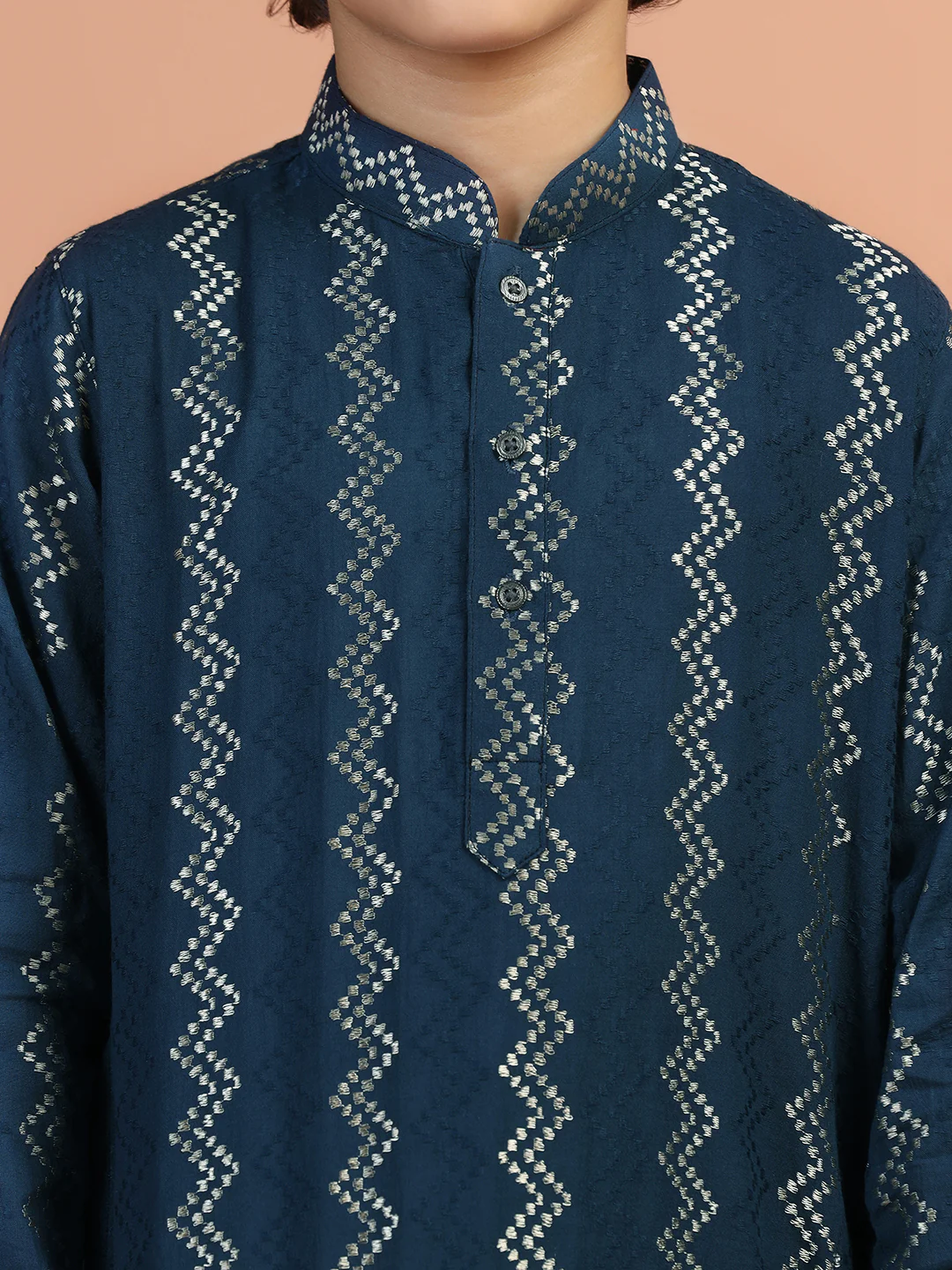 Navy Blue Jacquard Kids Kurta Set - Image 5