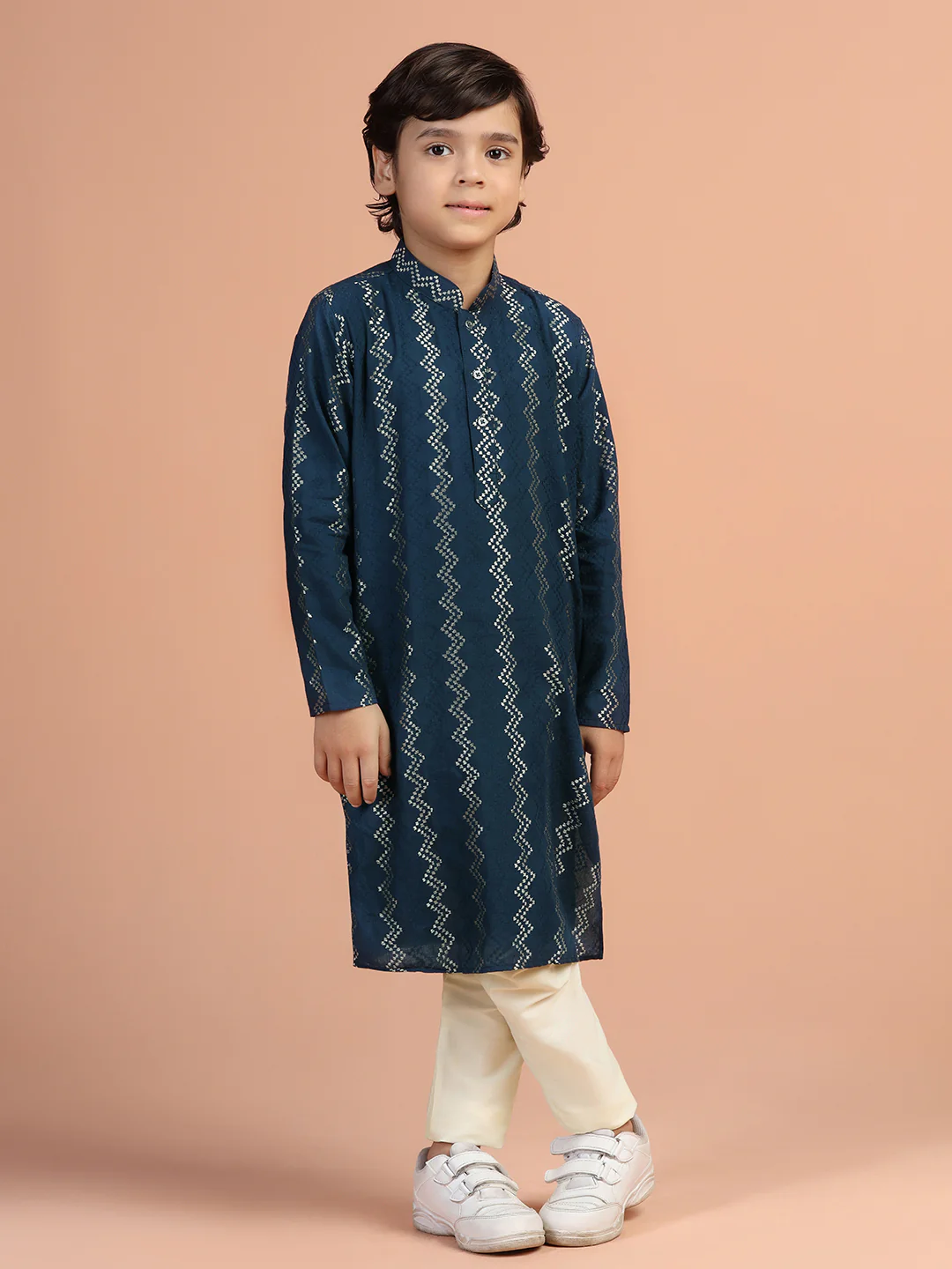 Navy Blue Jacquard Kids Kurta Set - Image 7