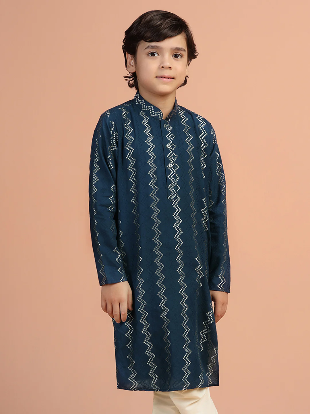 Navy Blue Jacquard Kids Kurta Set - Image 9