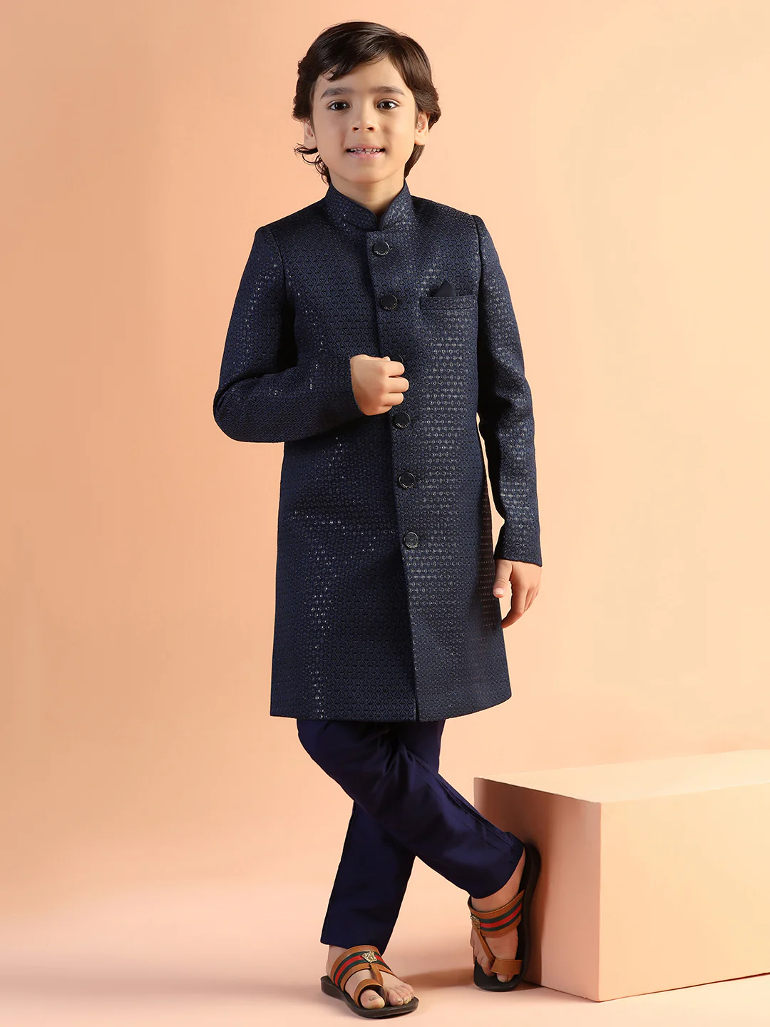 Navy Blue Jacquard Kids Sherwani Set