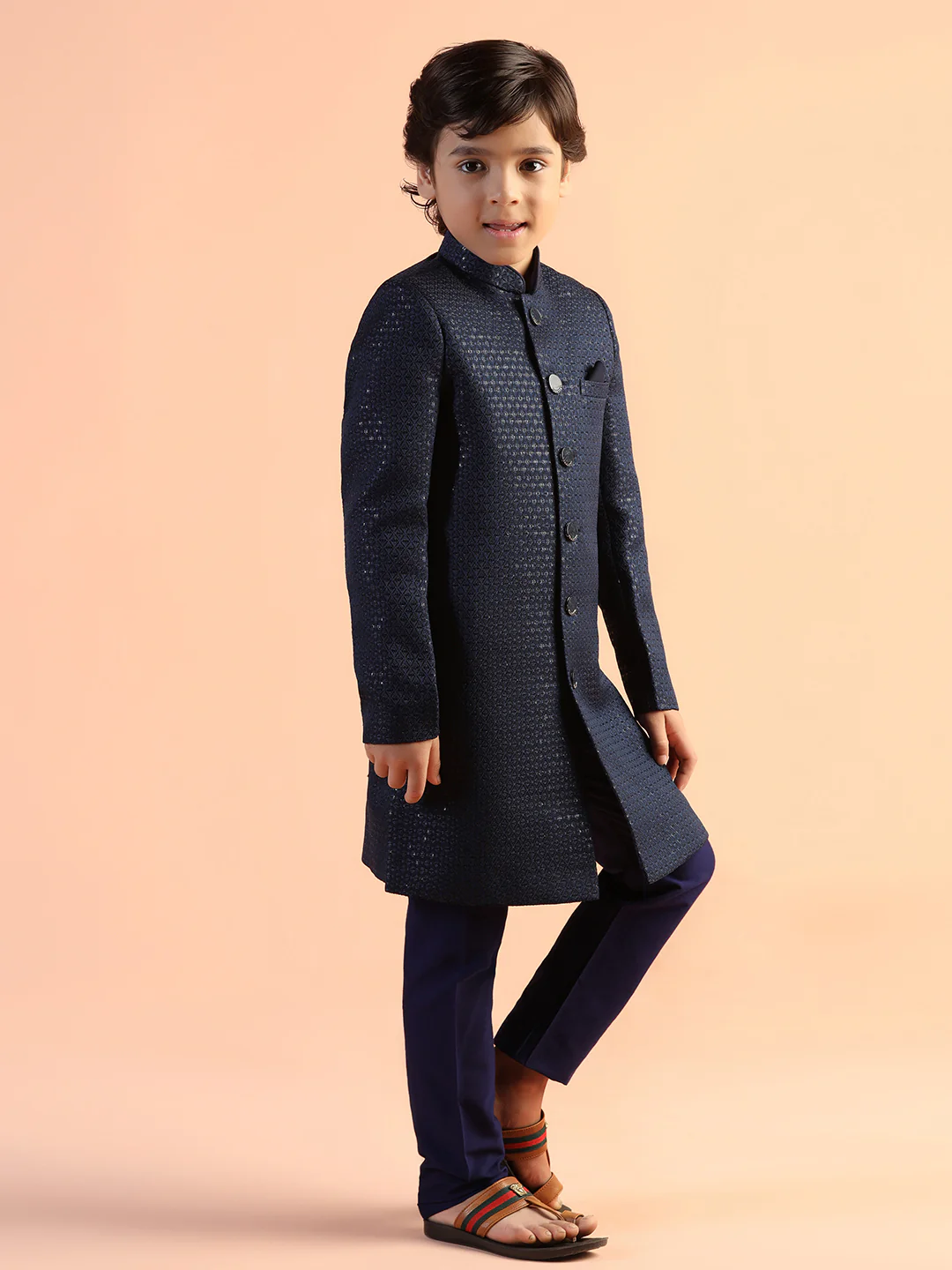 Navy Blue Jacquard Kids Sherwani Set - Image 3