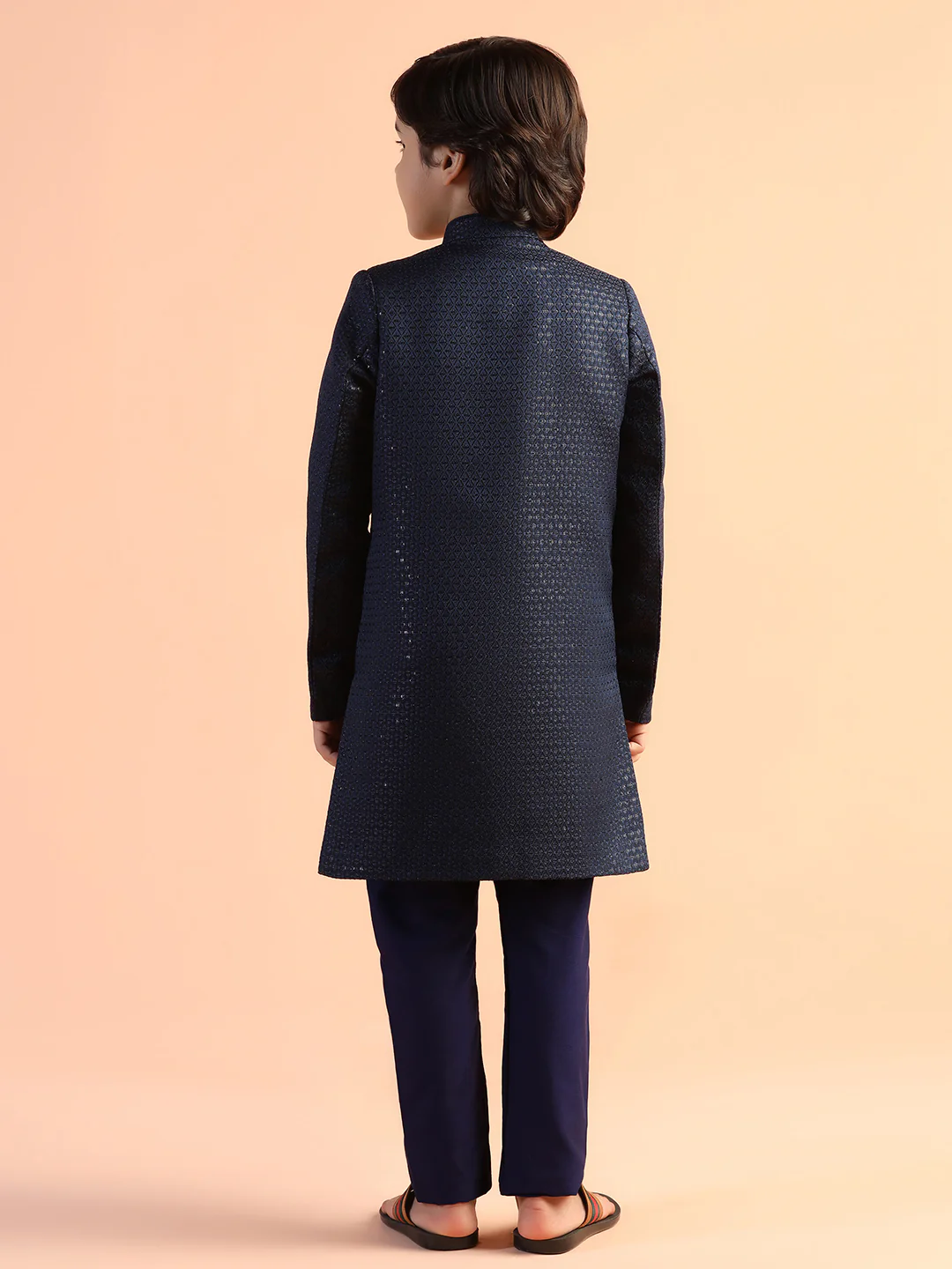 Navy Blue Jacquard Kids Sherwani Set - Image 4