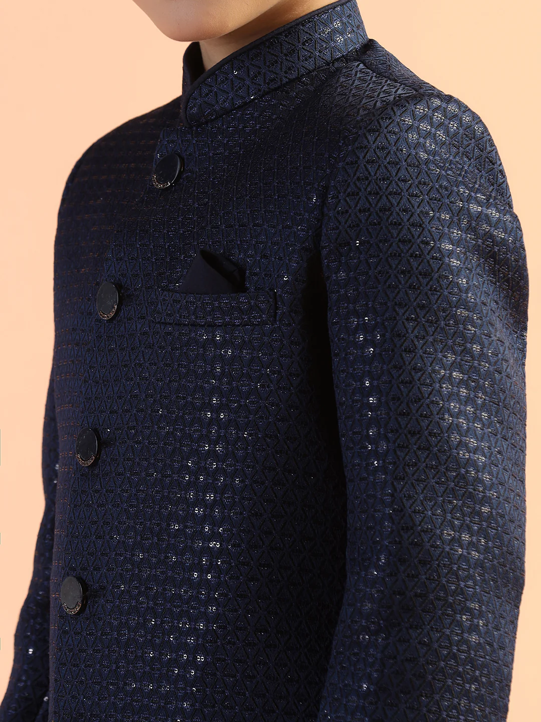 Navy Blue Jacquard Kids Sherwani Set - Image 5