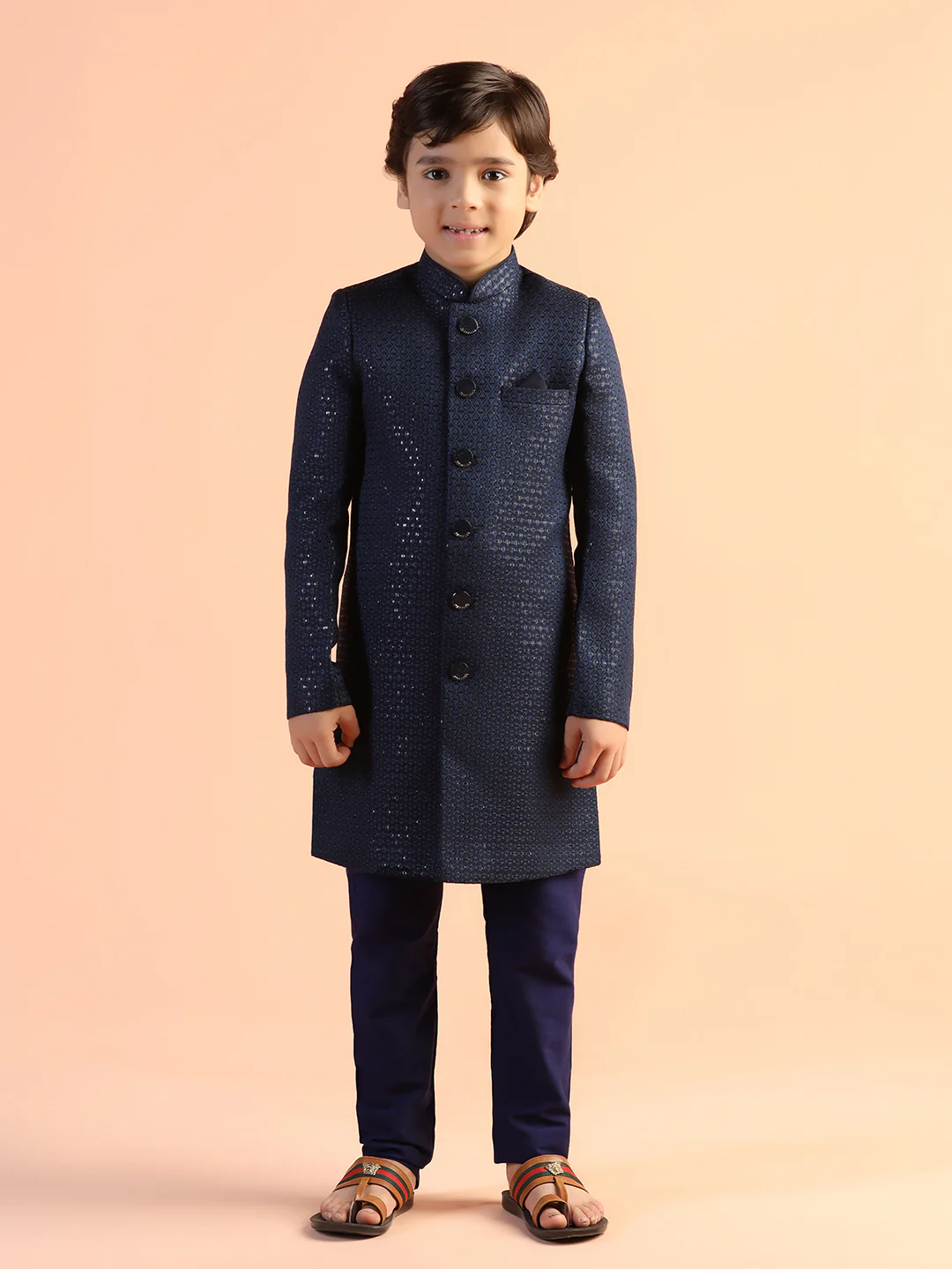 Navy Blue Jacquard Kids Sherwani Set - Image 7