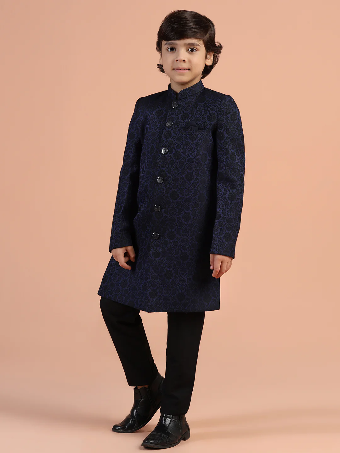 Navy Blue Jacquard Kids Sherwani Set - Image 3