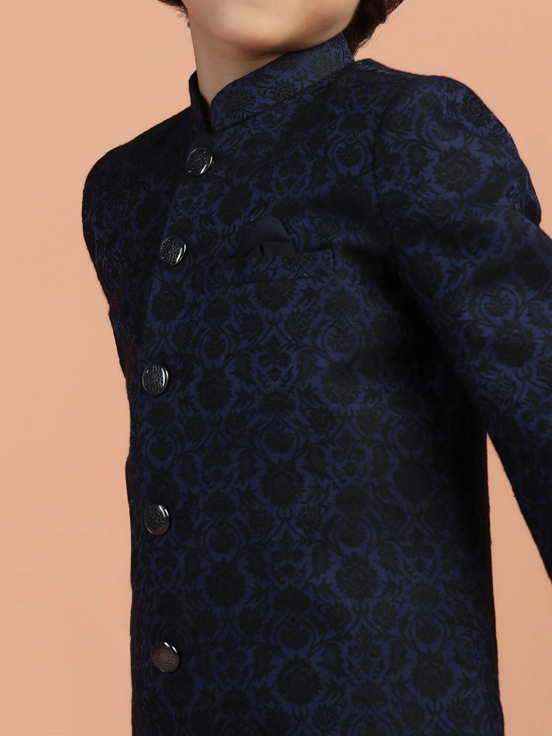 Navy Blue Jacquard Kids Sherwani Set - Image 5