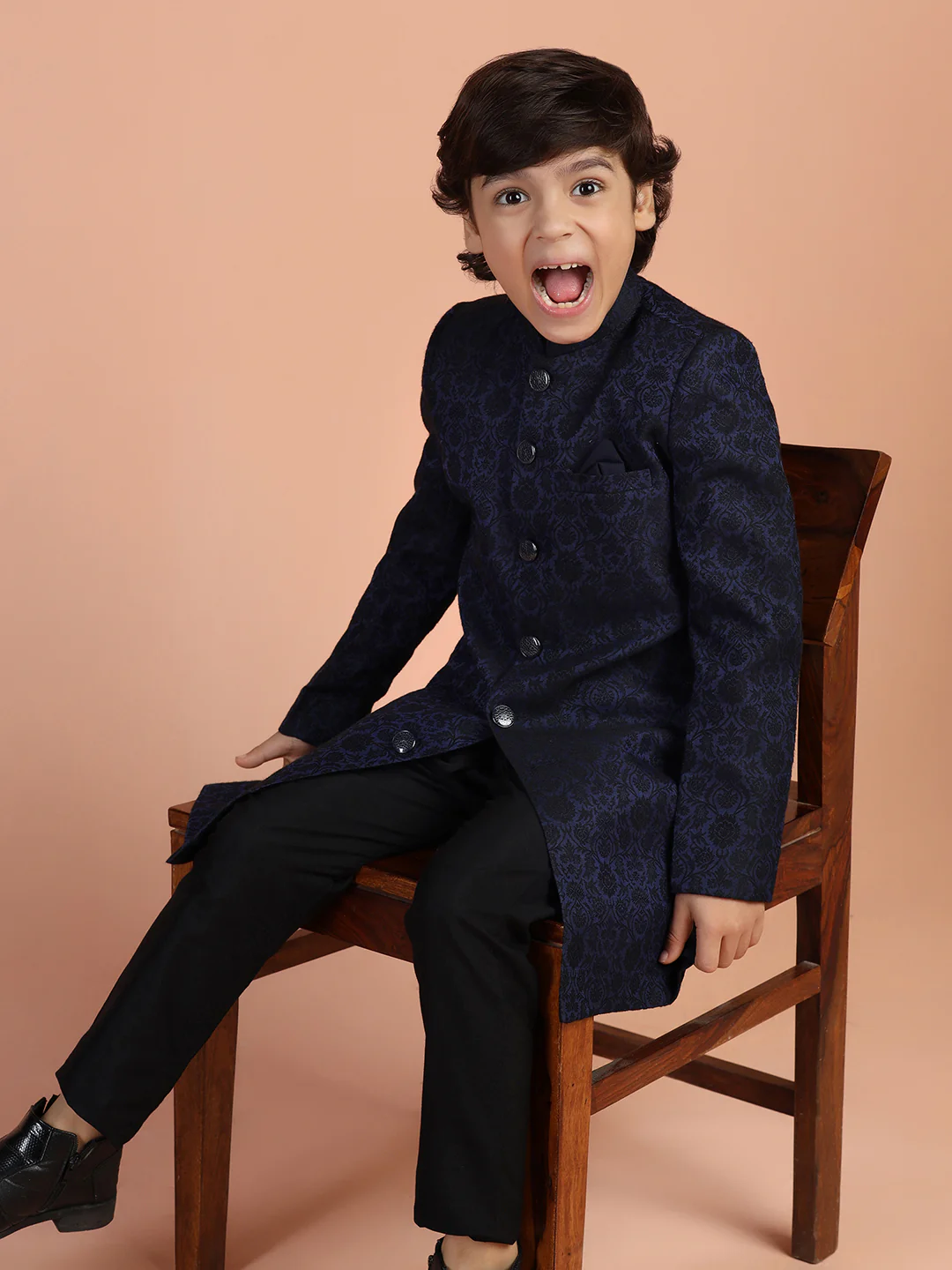 Navy Blue Jacquard Kids Sherwani Set - Image 8