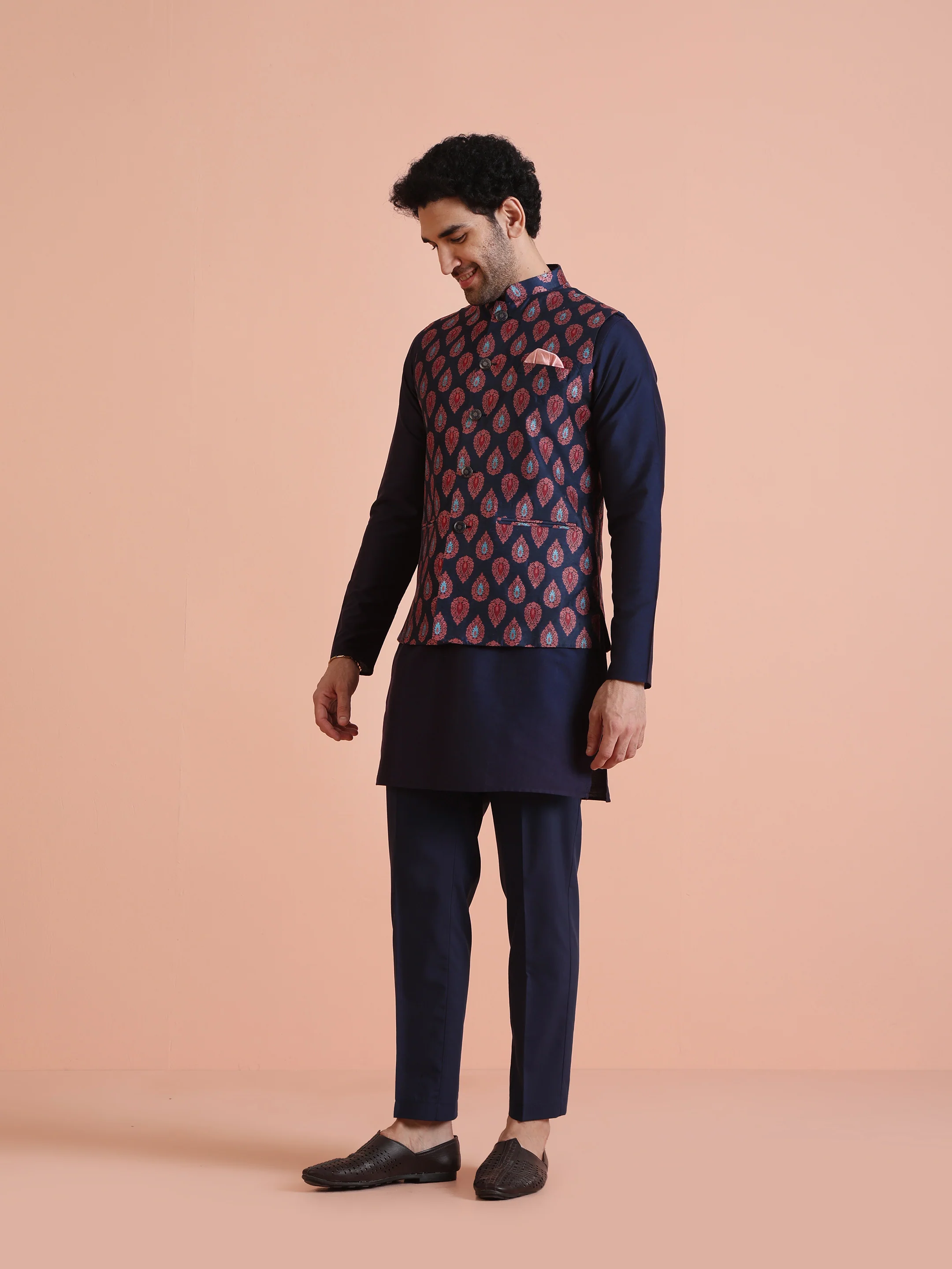 Navy Blue Jacquard Silk Blend Kurta Jacket Set - Image 2