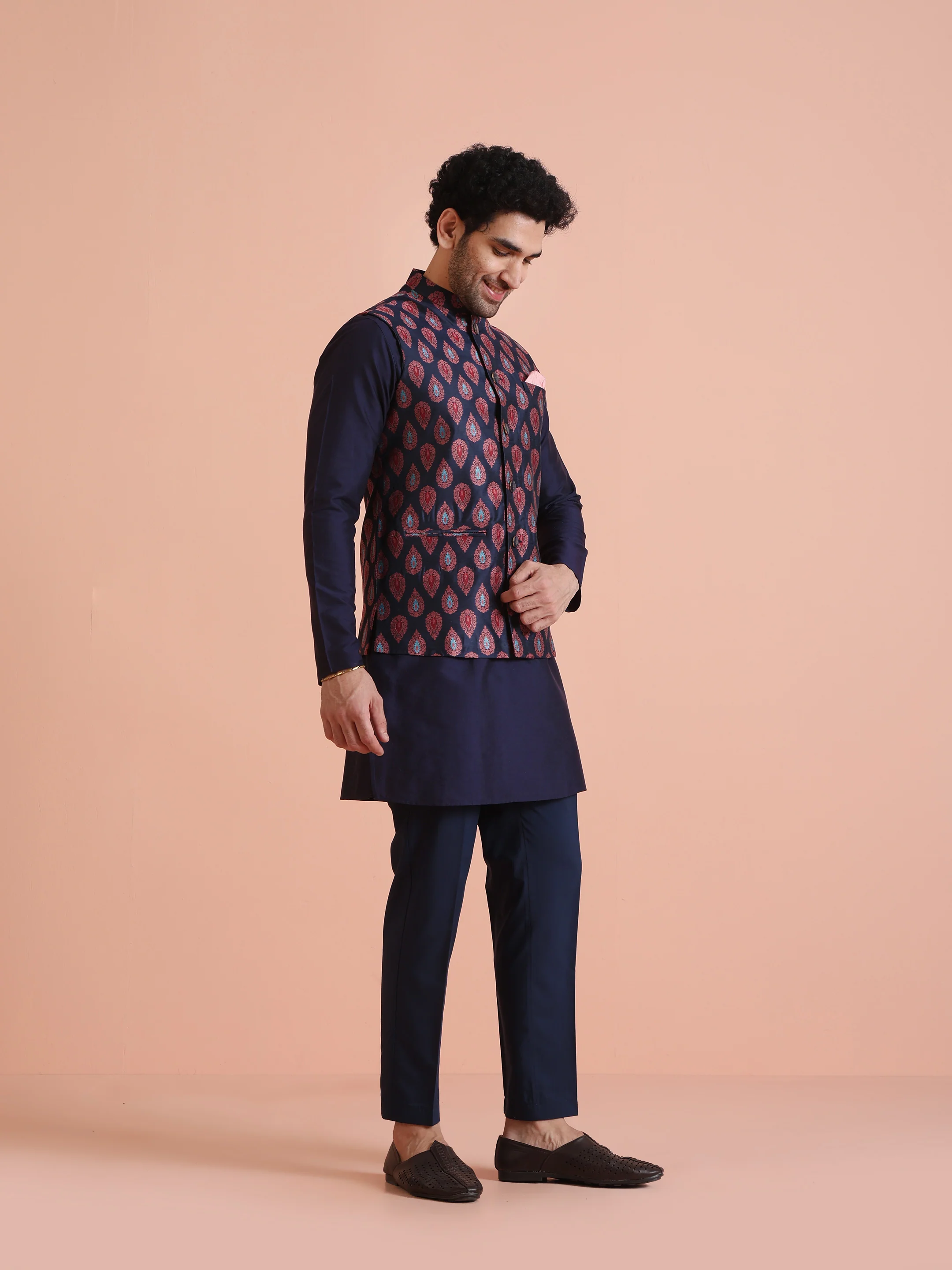 Navy Blue Jacquard Silk Blend Kurta Jacket Set - Image 3
