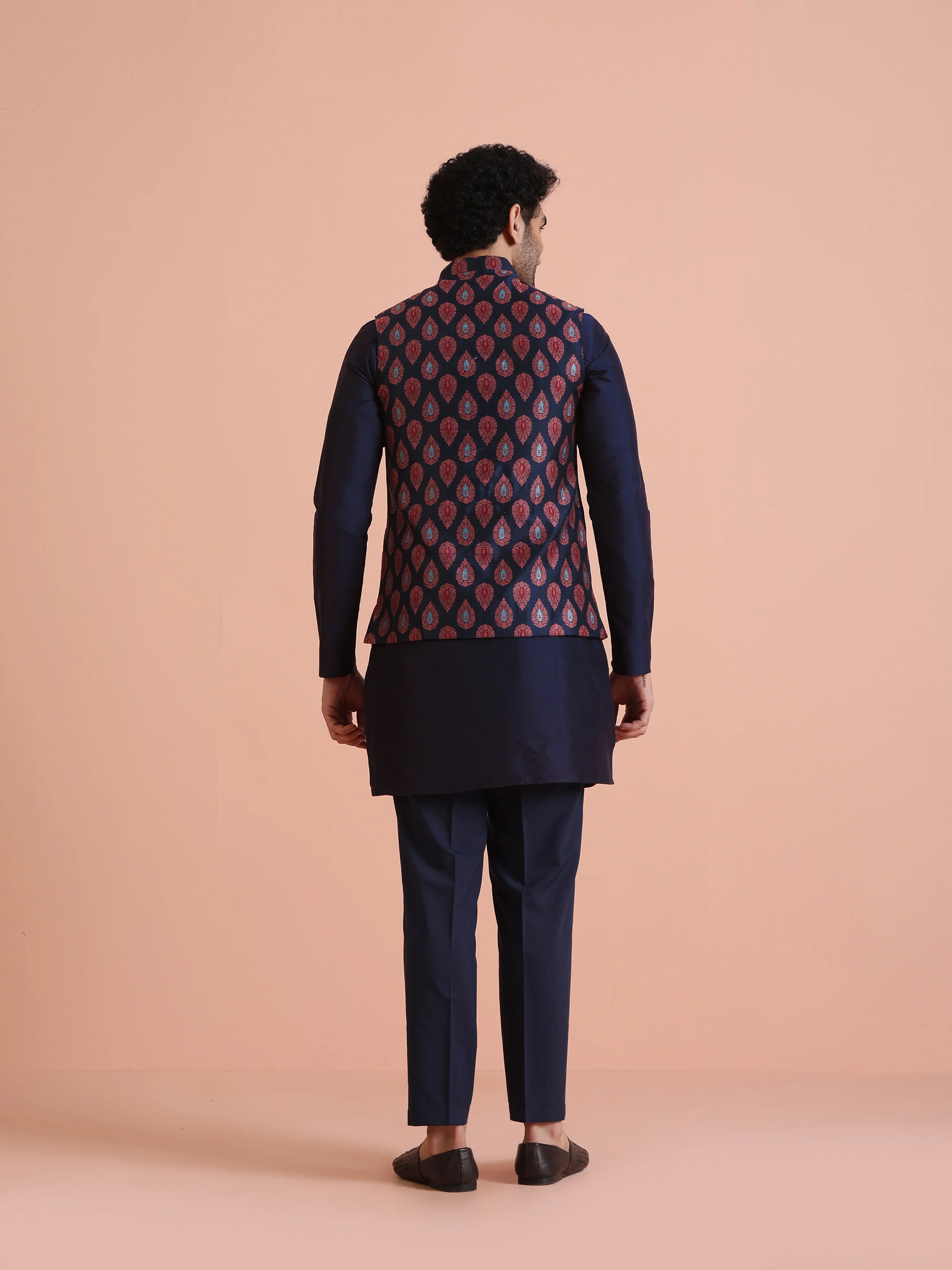 Navy Blue Jacquard Silk Blend Kurta Jacket Set - Image 4