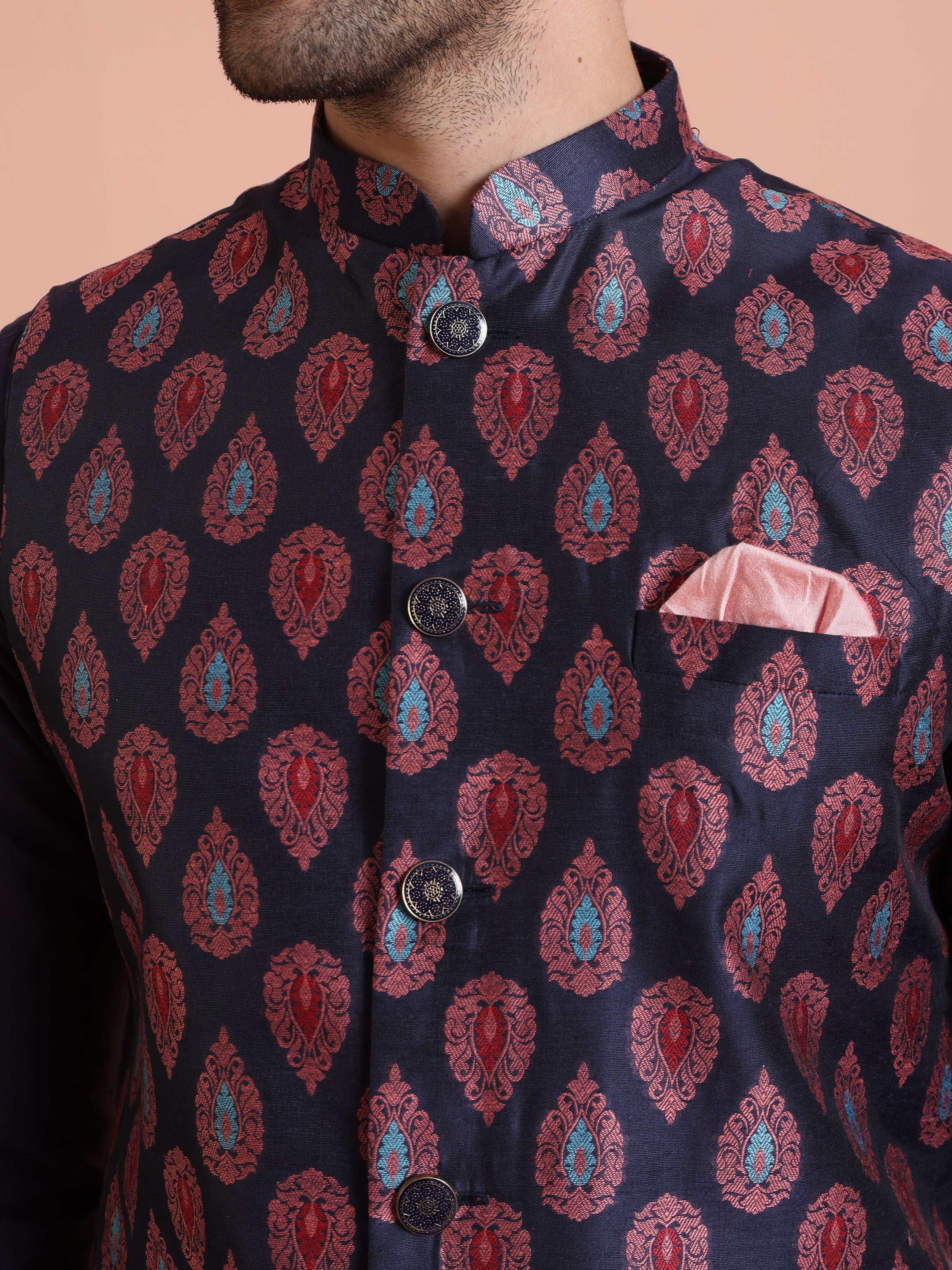 Navy Blue Jacquard Silk Blend Kurta Jacket Set - Image 5