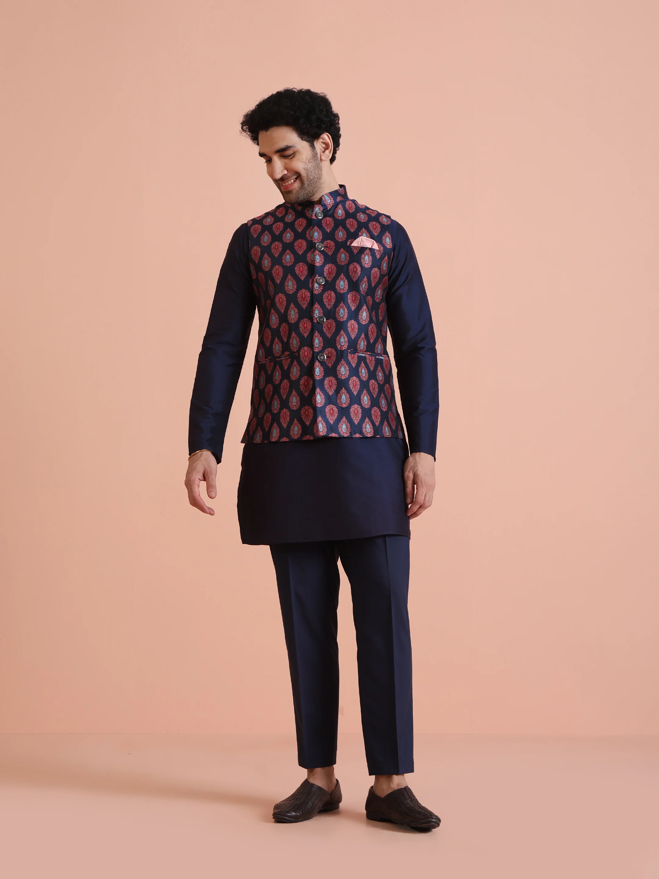 Navy Blue Jacquard Silk Blend Kurta Jacket Set - Image 8