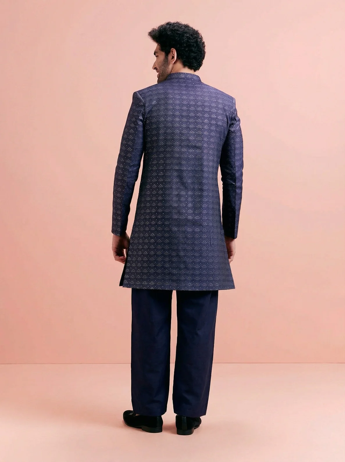 Navy Blue Jacquard Woven Design Sherwani Wide Leg Trouser Set - Image 3