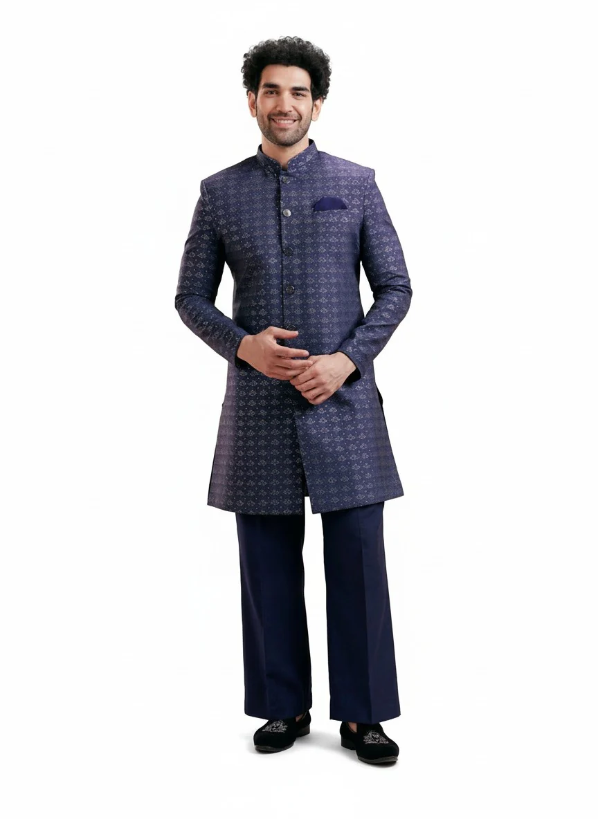 Navy Blue Jacquard Woven Design Sherwani Wide Leg Trouser Set - Image 7