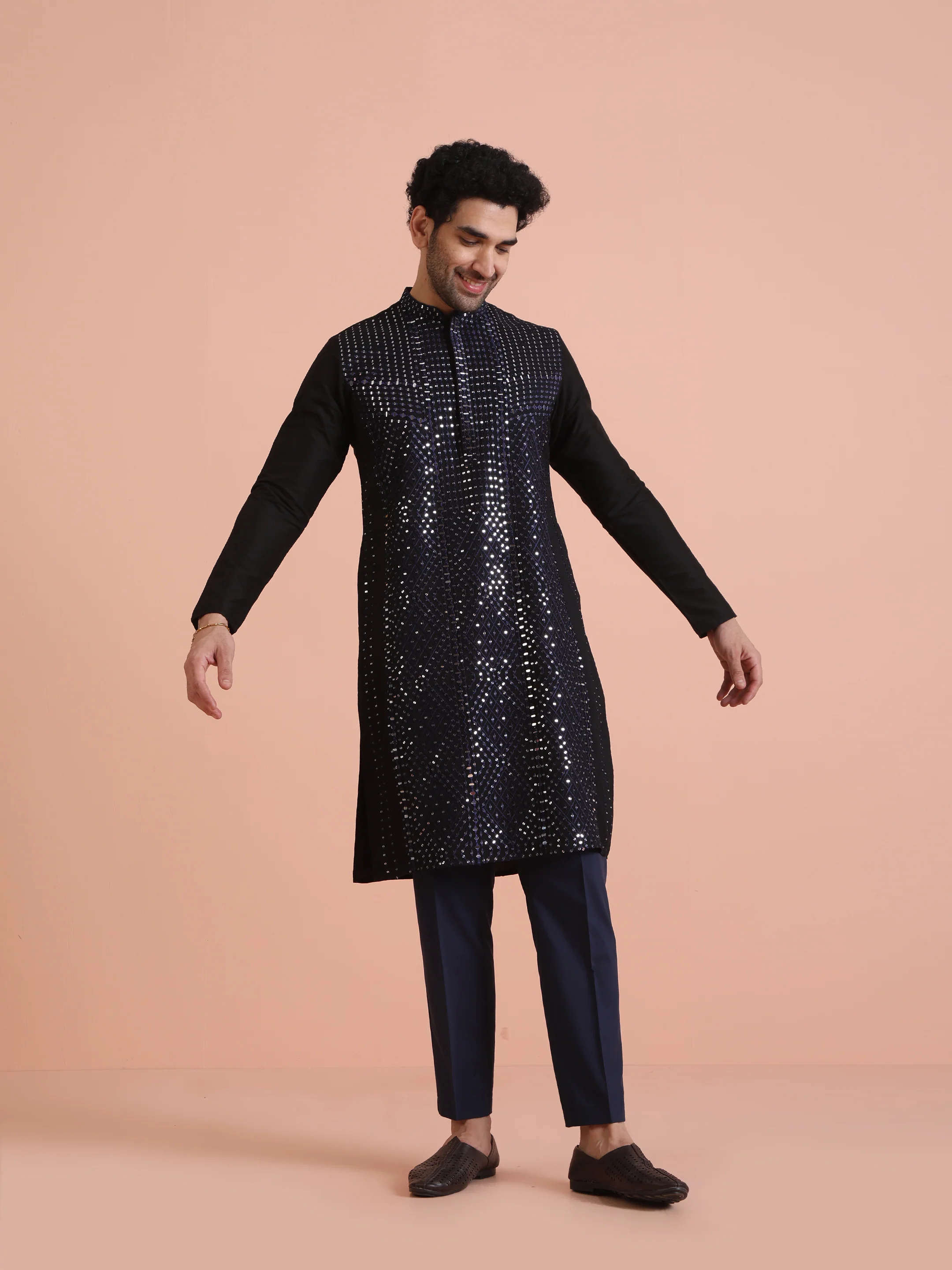 Navy Blue Poly Silk Embellished Kurta - Image 6