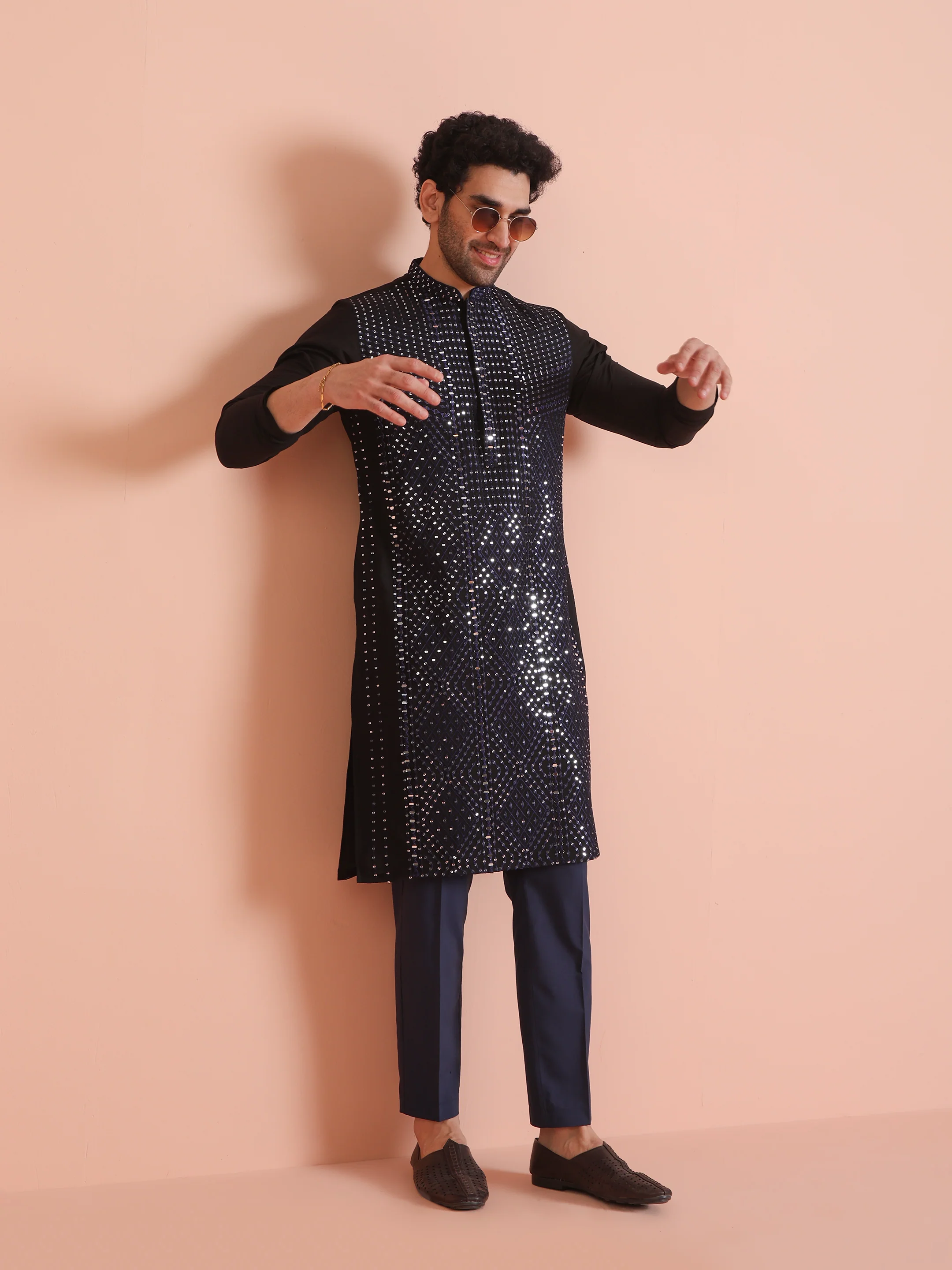 Navy Blue Poly Silk Embellished Kurta - Image 7