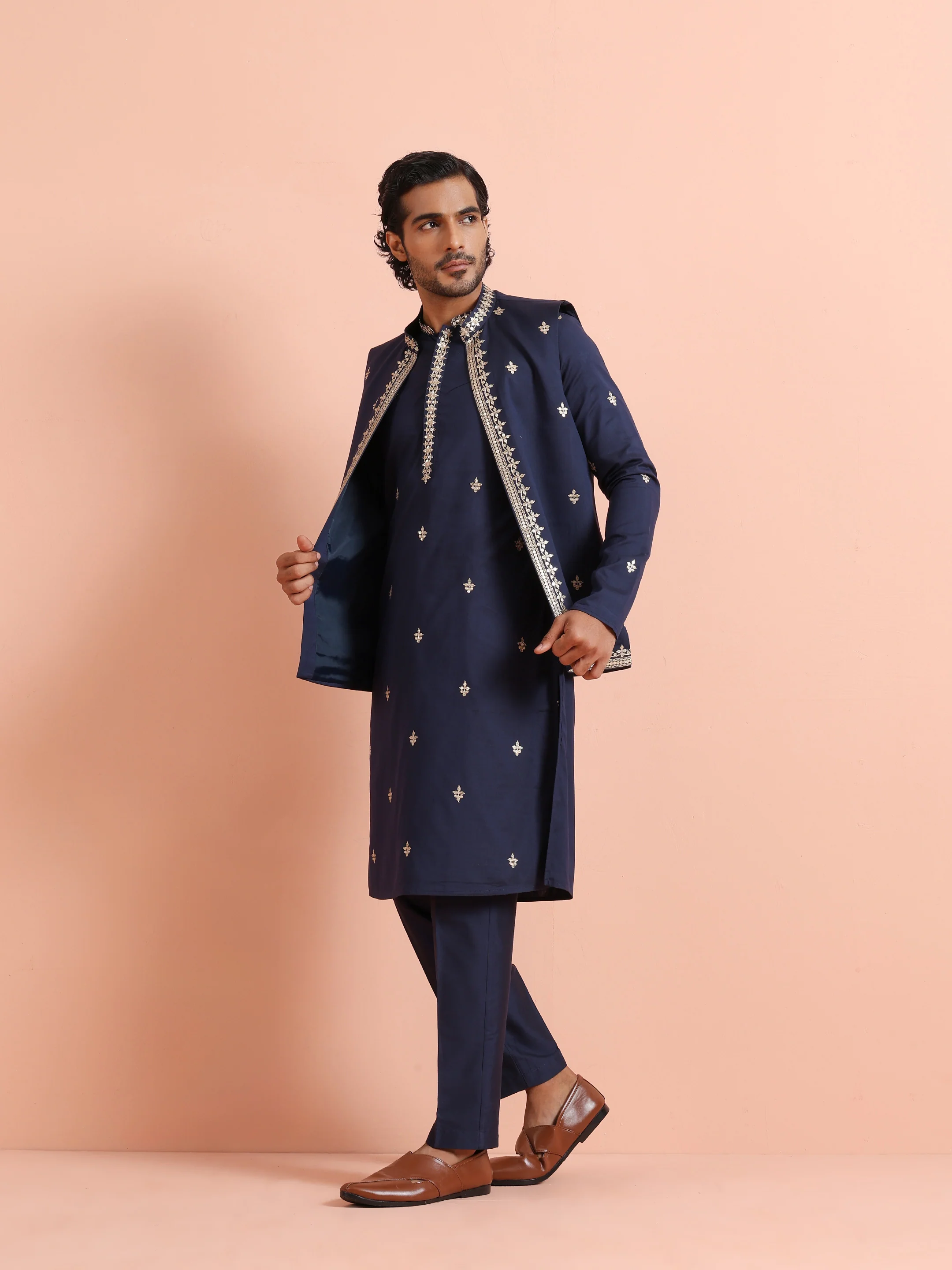 Navy Blue Silk Embroidered Jacket Kurta Trouser Set - Image 2