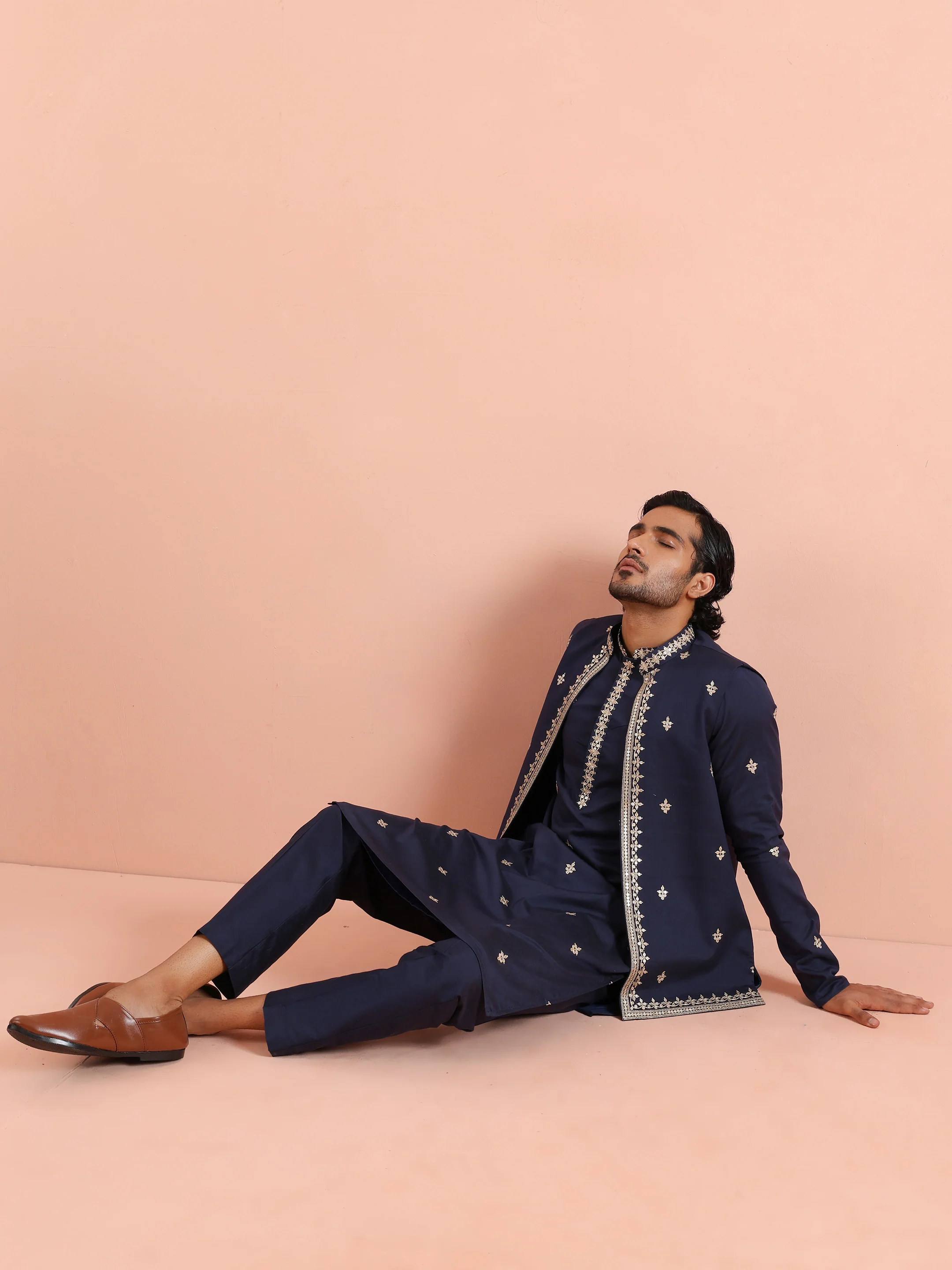 Navy Blue Silk Embroidered Jacket Kurta Trouser Set - Image 8
