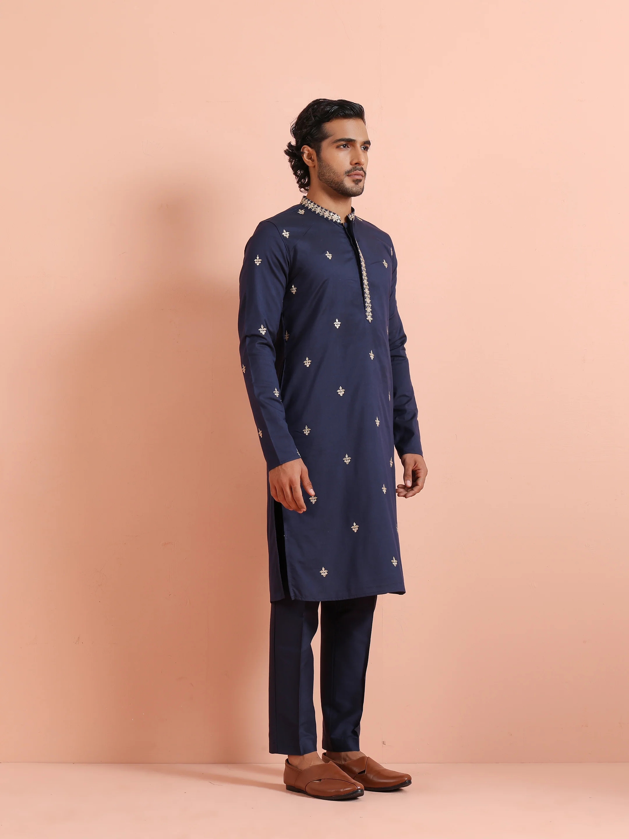 Navy Blue Poly Silk Embroidered Long Kurta - Image 3