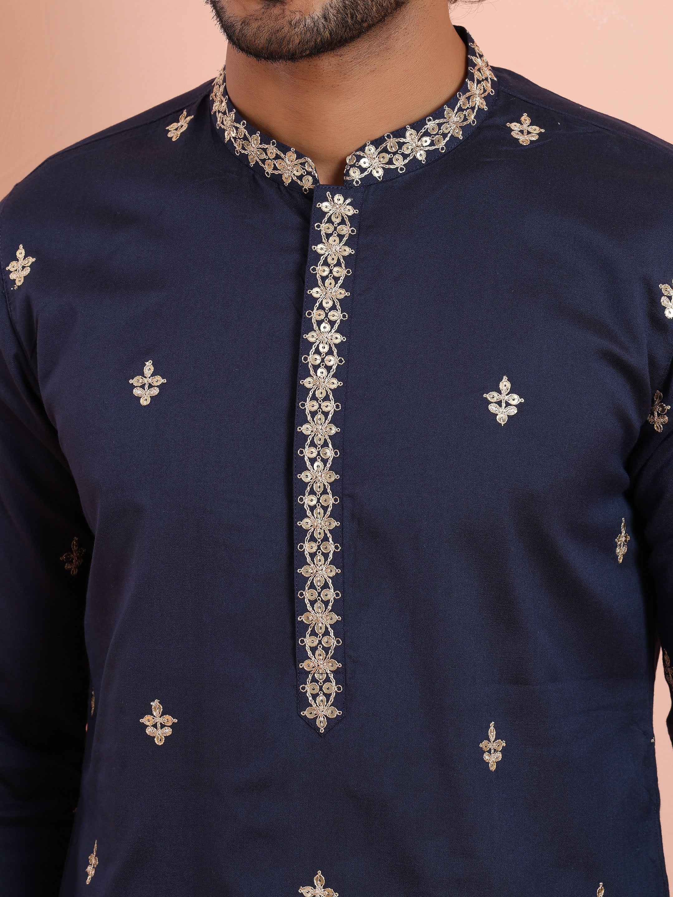 Navy Blue Poly Silk Embroidered Long Kurta - Image 5
