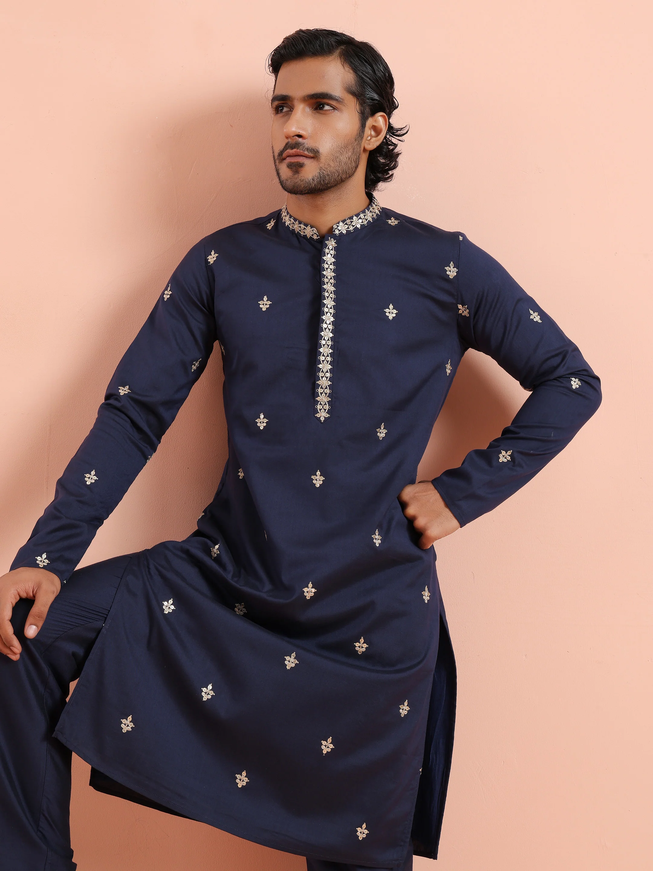 Navy Blue Poly Silk Embroidered Long Kurta - Image 7