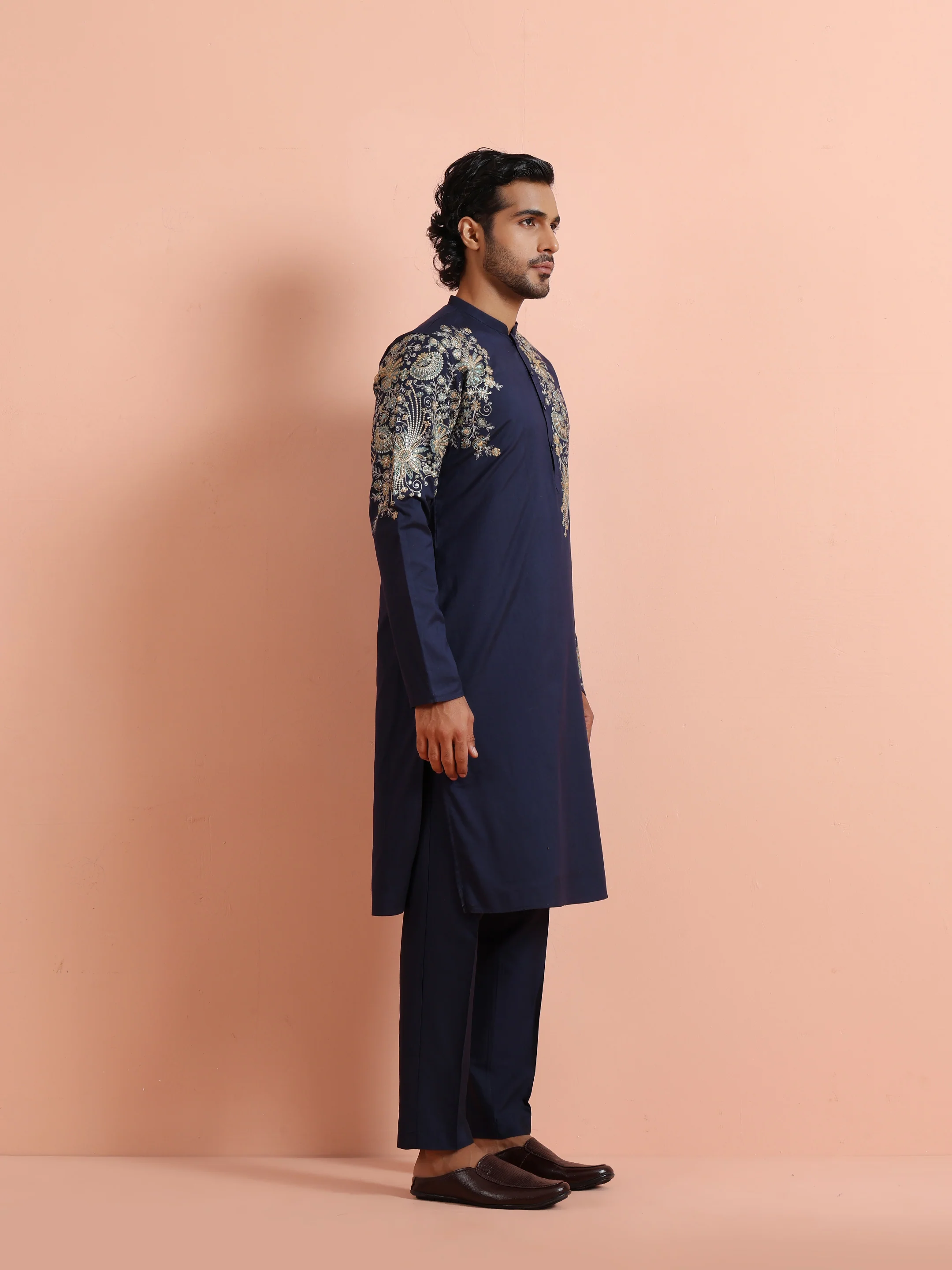 Navy Blue Poly Silk Floral Embroidered Kurta Trouser Set - Image 2