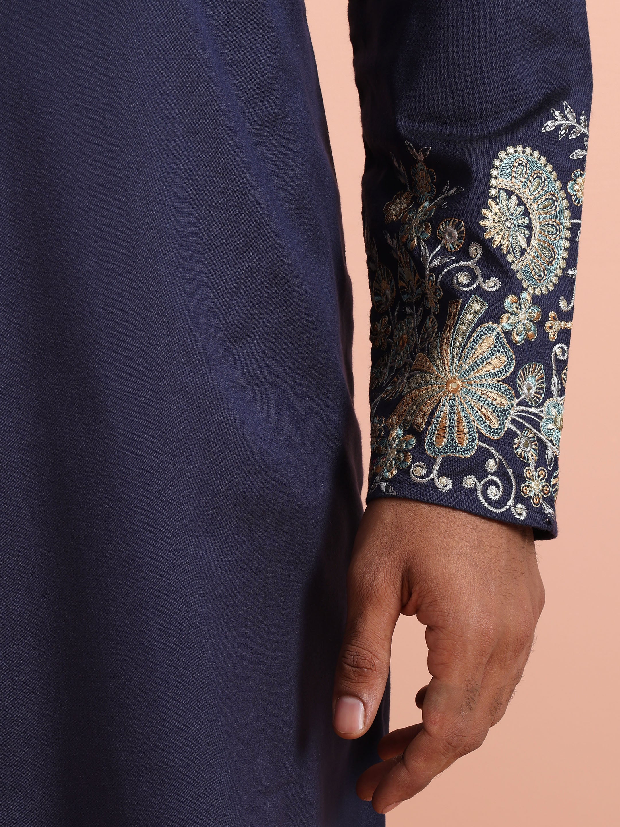 Navy Blue Poly Silk Floral Embroidered Kurta Trouser Set - Image 6
