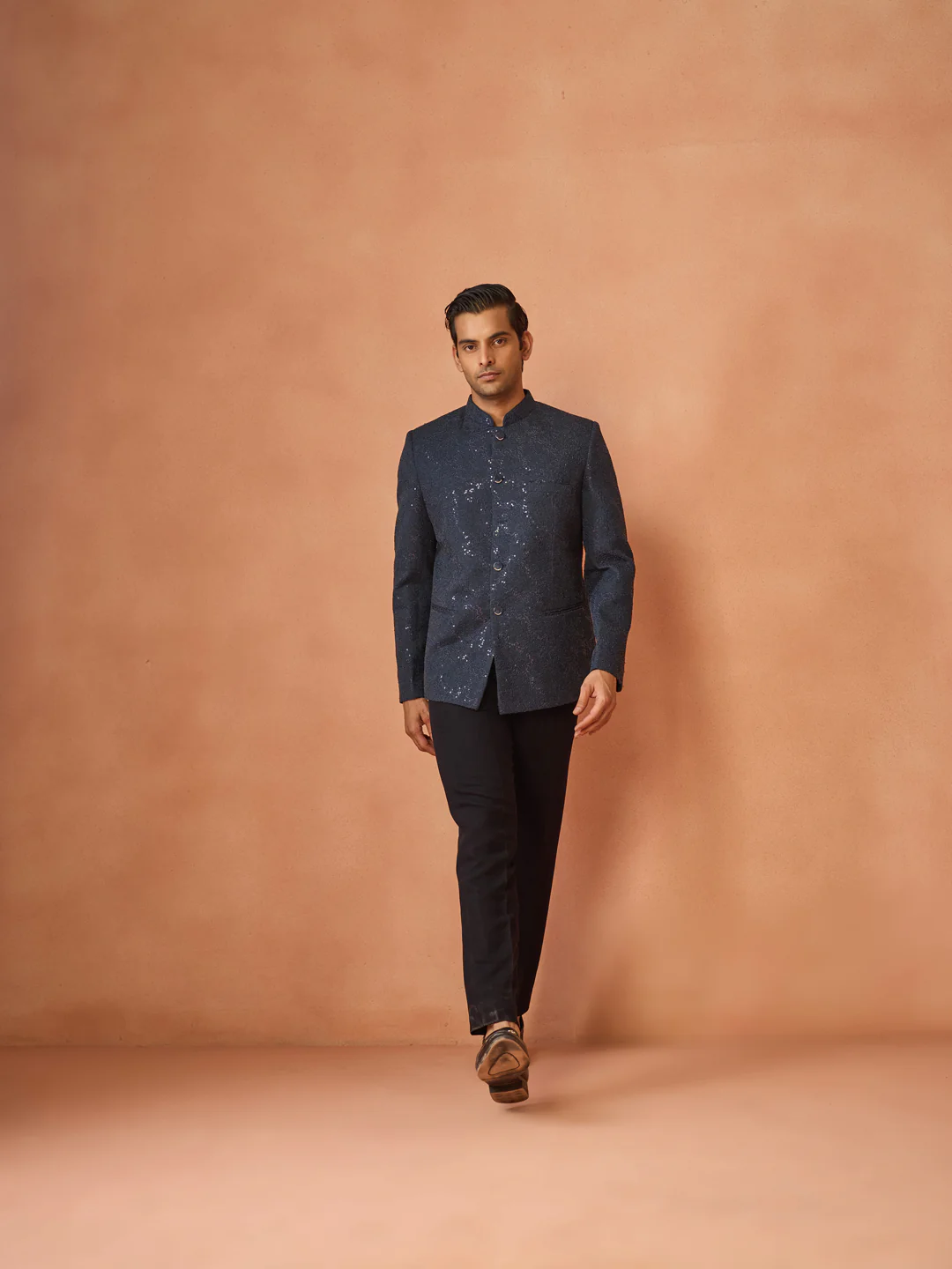 Navy Blue Sequinned Textured Bandhgala Jodhpuri - Image 6