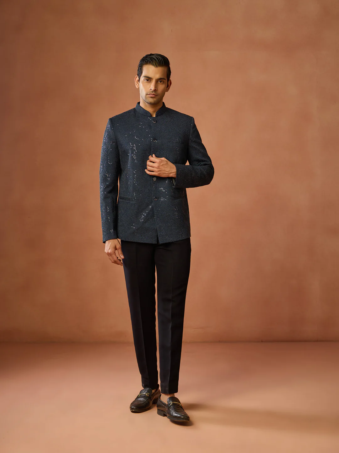 Navy Blue Silk Blend Sequin Bandhgala Jodhpuri Set - Image 3