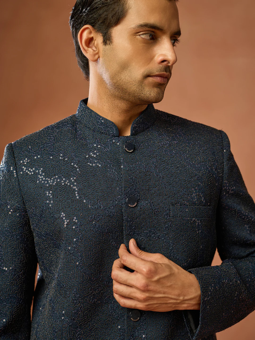 Navy Blue Silk Blend Sequin Bandhgala Jodhpuri Set - Image 5