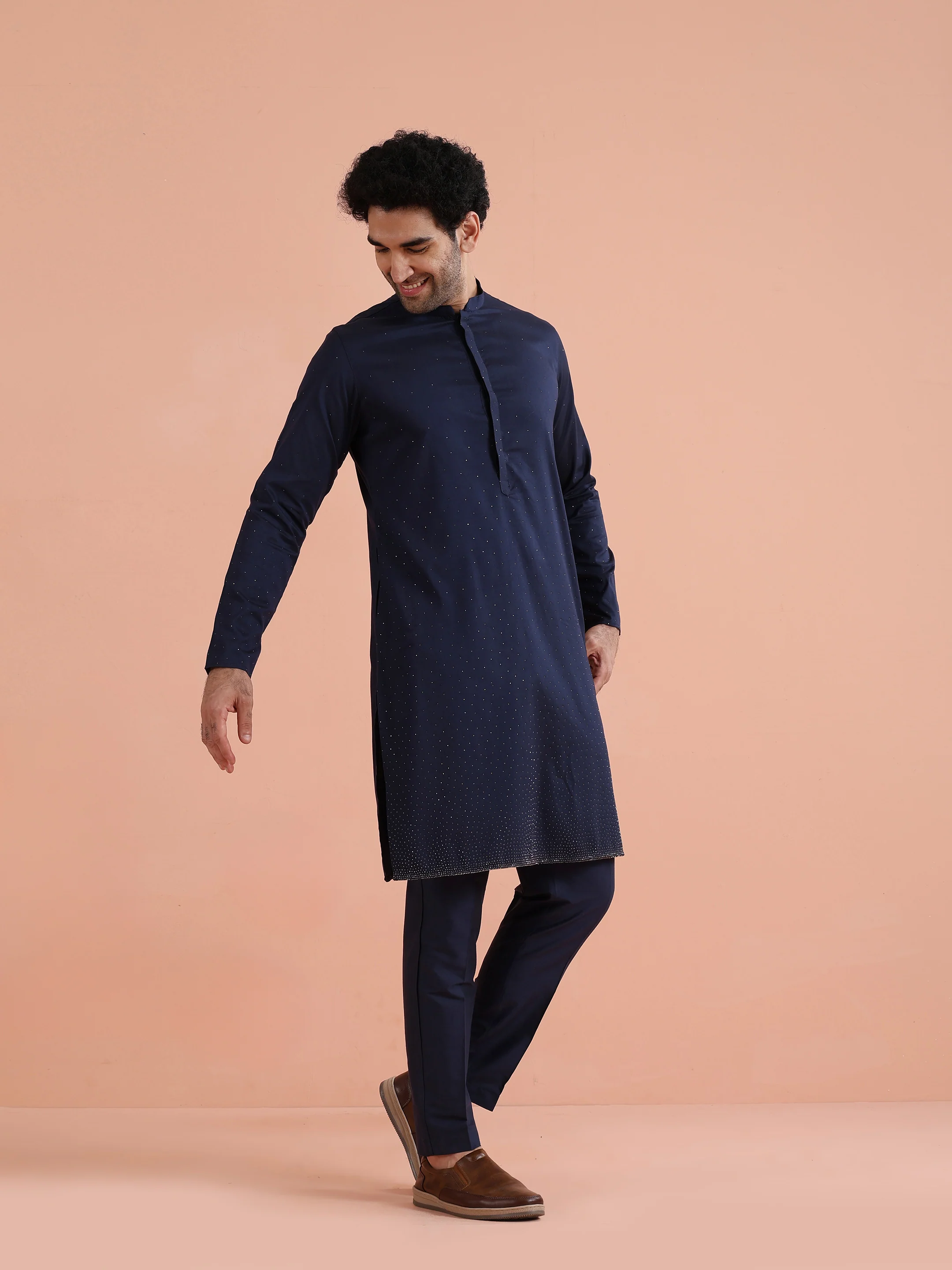 Navy Blue Silk Ombre Embellished Kurta Trouser Set - Image 2