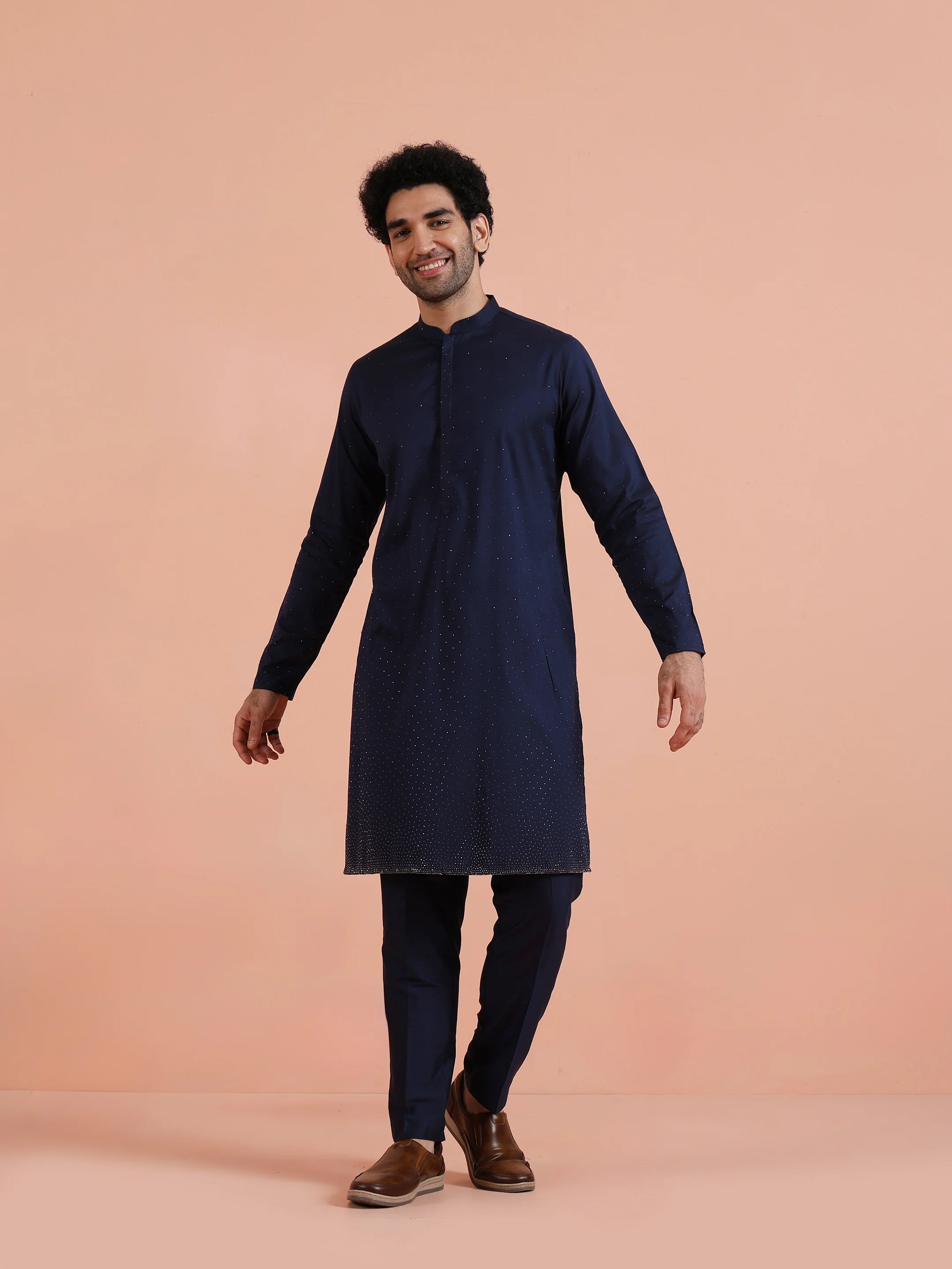 Navy Blue Silk Ombre Embellished Kurta Trouser Set - Image 8