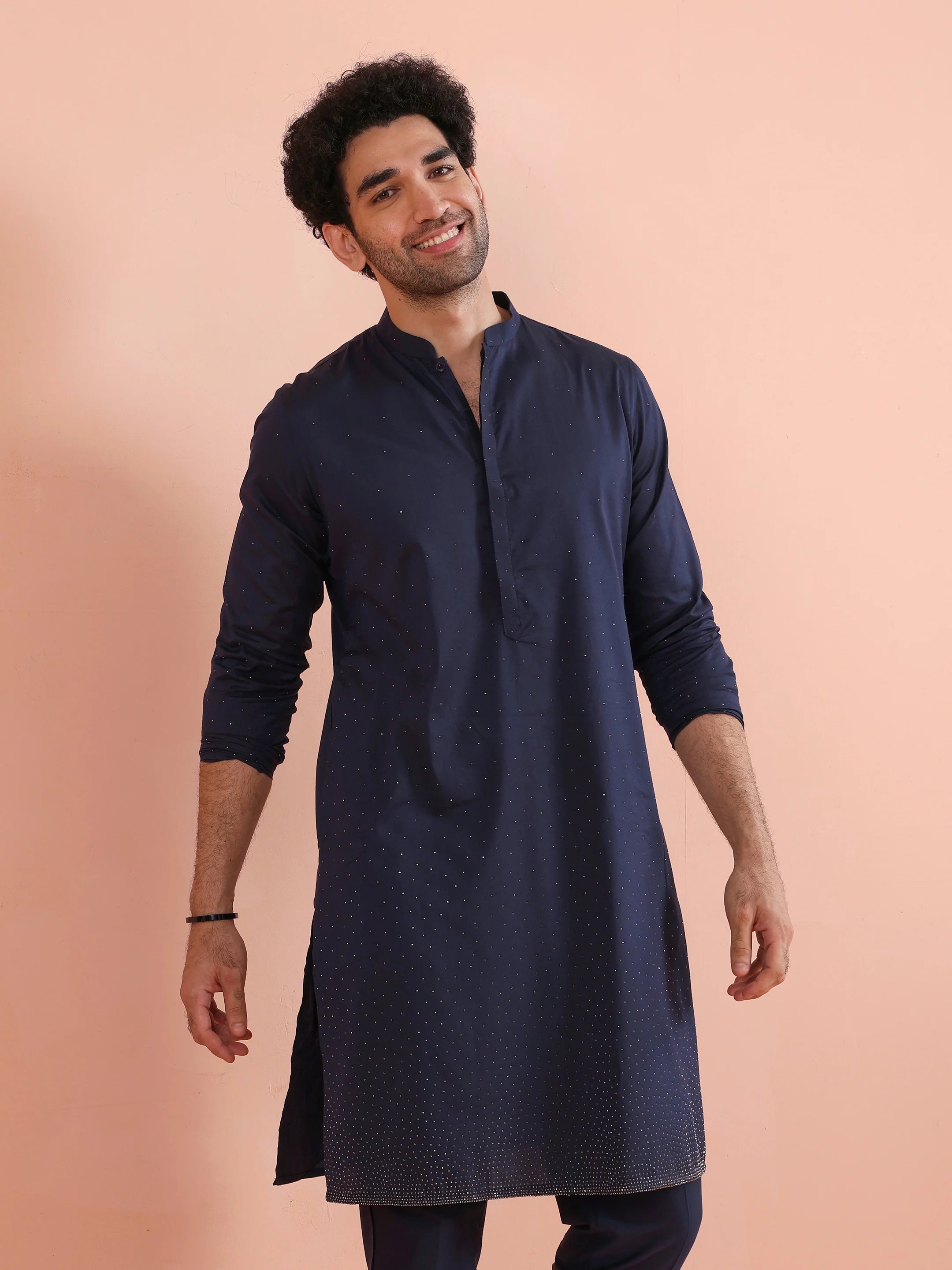 Navy Blue Silk Ombre Embellished Kurta Trouser Set - Image 9