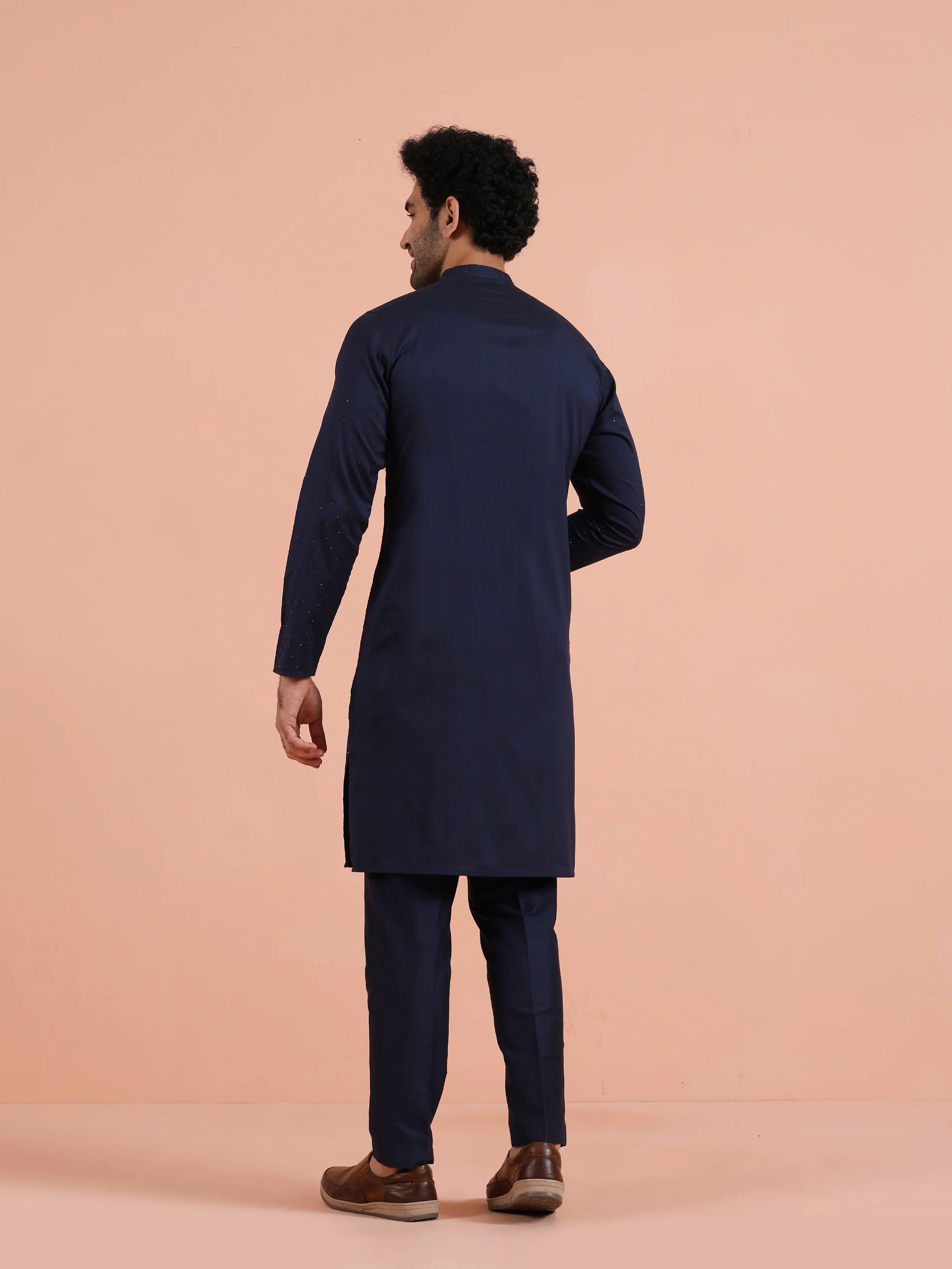 Navy Blue Poly Silk Swarovski Work Long Kurta - Image 4