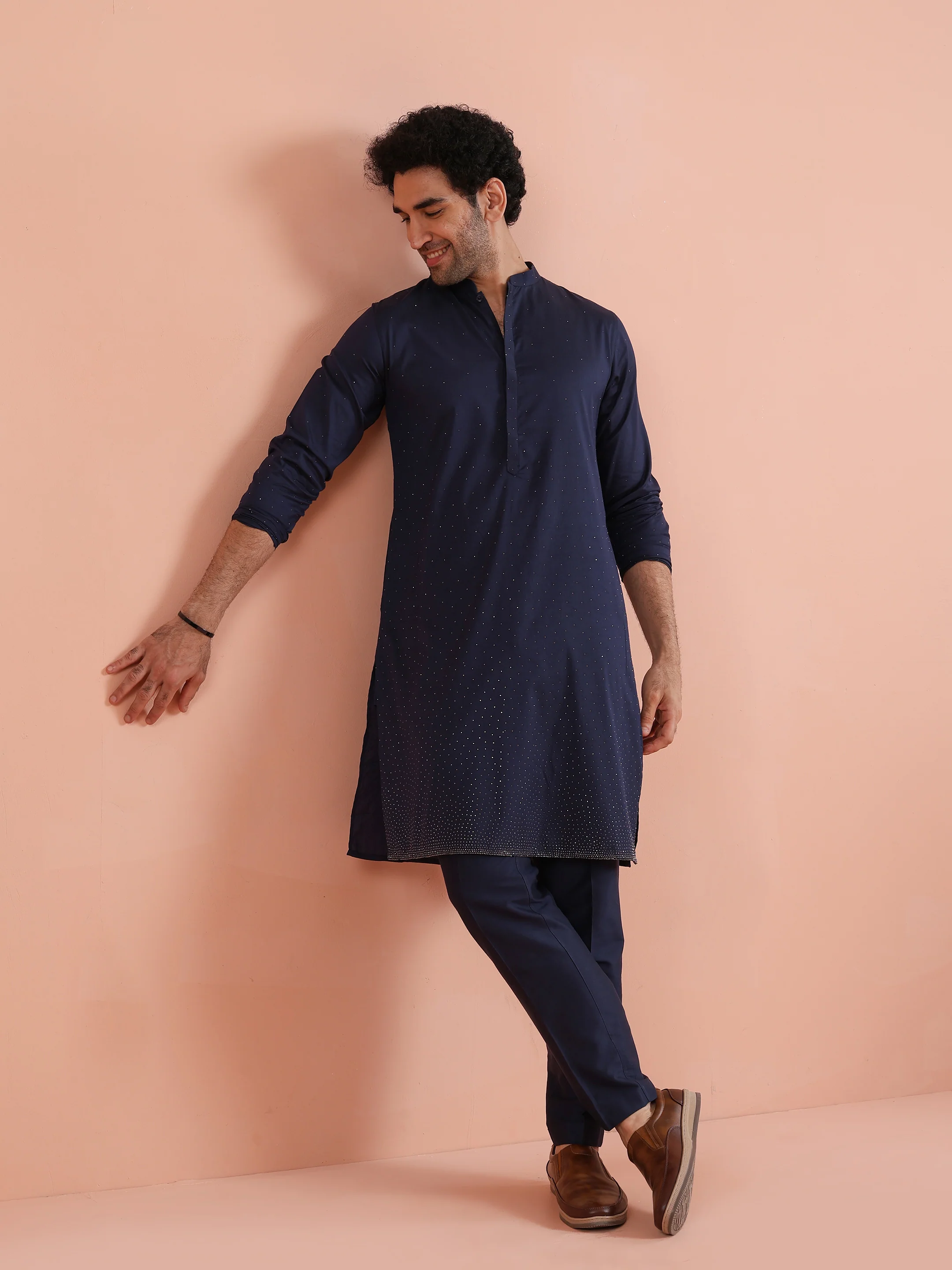 Navy Blue Poly Silk Swarovski Work Long Kurta - Image 7