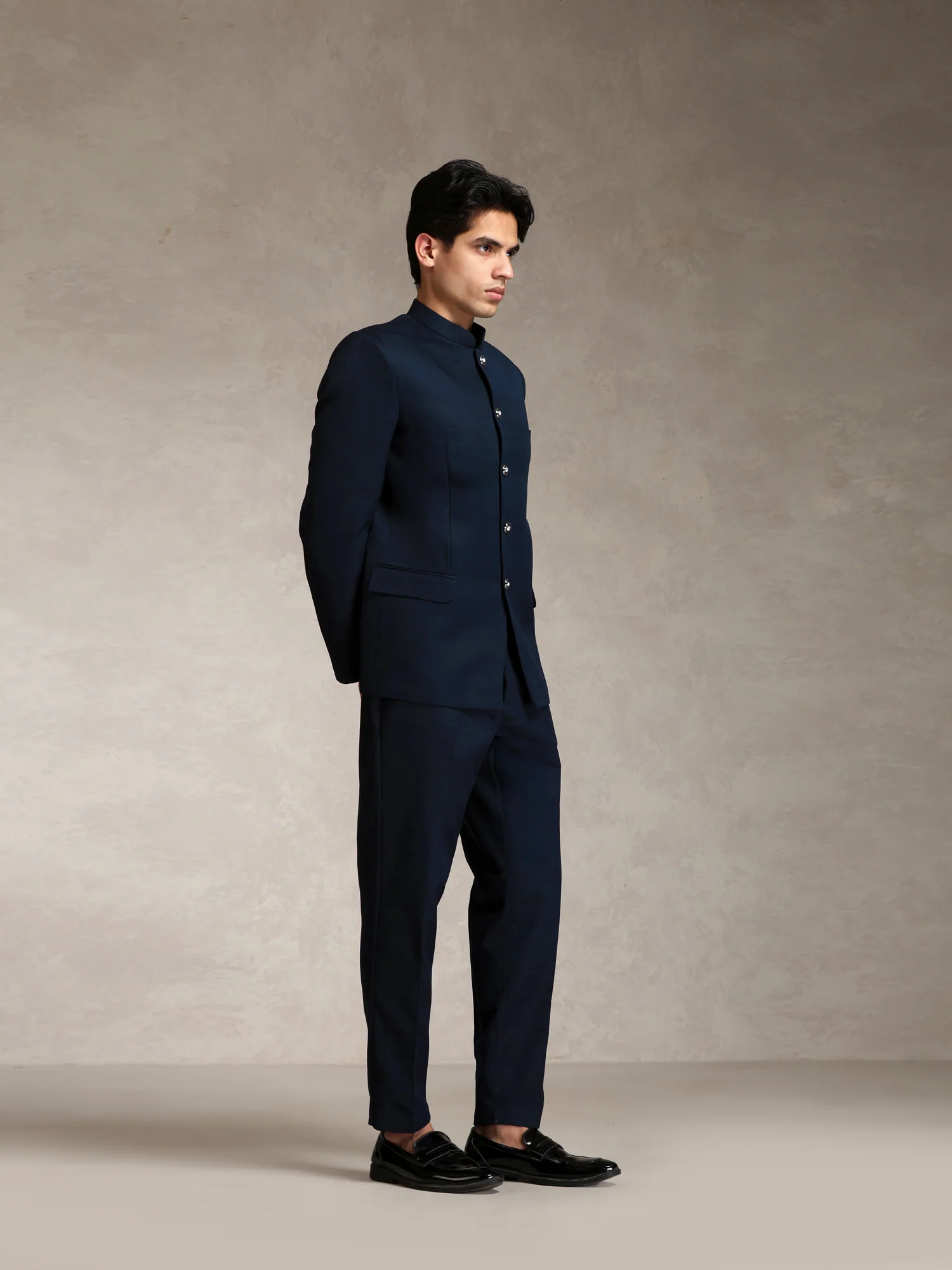 Navy Blue Poly Viscose Solid Bandhgala Trouser Set - Image 2