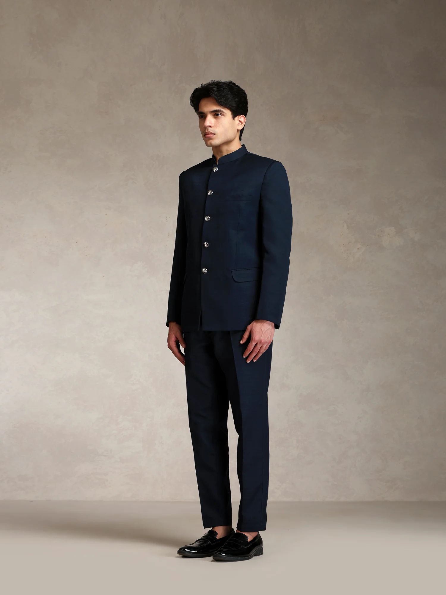 Navy Blue Poly Viscose Solid Bandhgala Trouser Set - Image 3