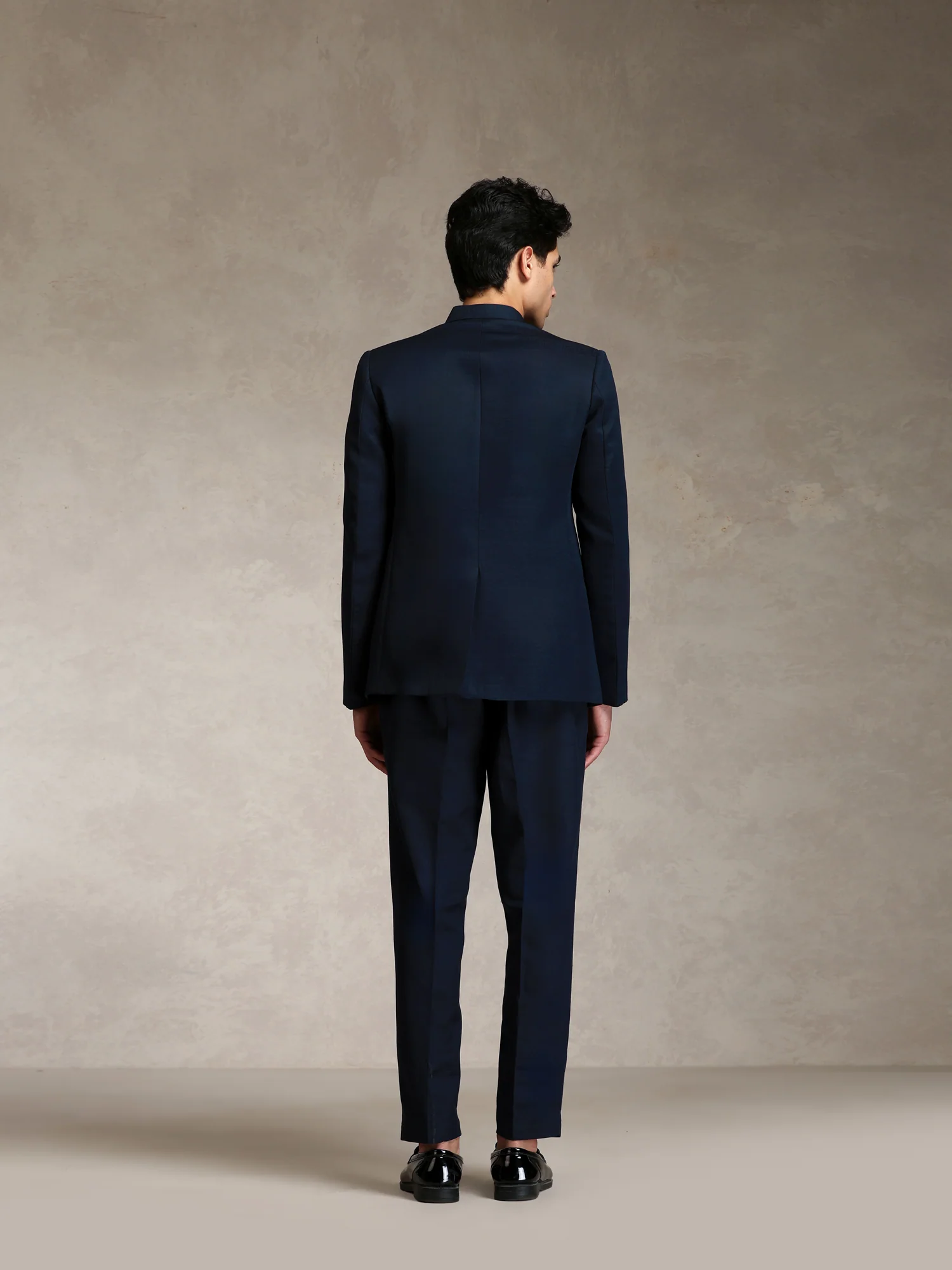 Navy Blue Poly Viscose Solid Bandhgala Trouser Set - Image 4