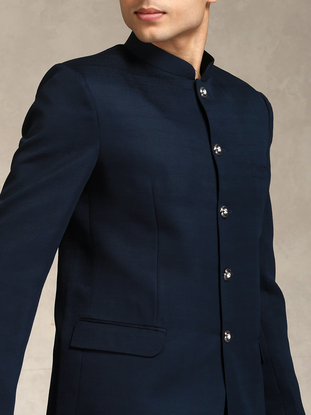 Navy Blue Poly Viscose Solid Bandhgala Trouser Set - Image 5