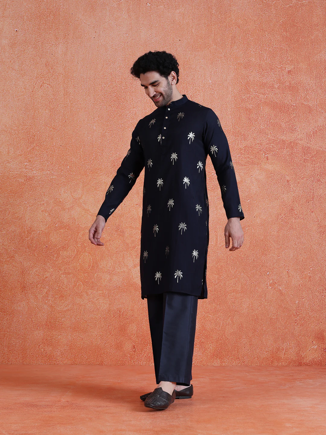 Navy Blue Polyrayon Gold Print Kurta Wide Leg Trouser Set - Image 3