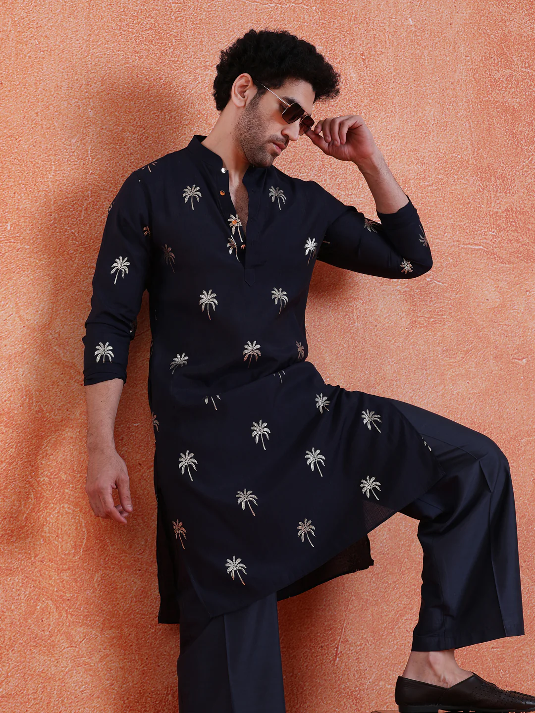 Navy Blue Polyrayon Gold Print Kurta Wide Leg Trouser Set - Image 8